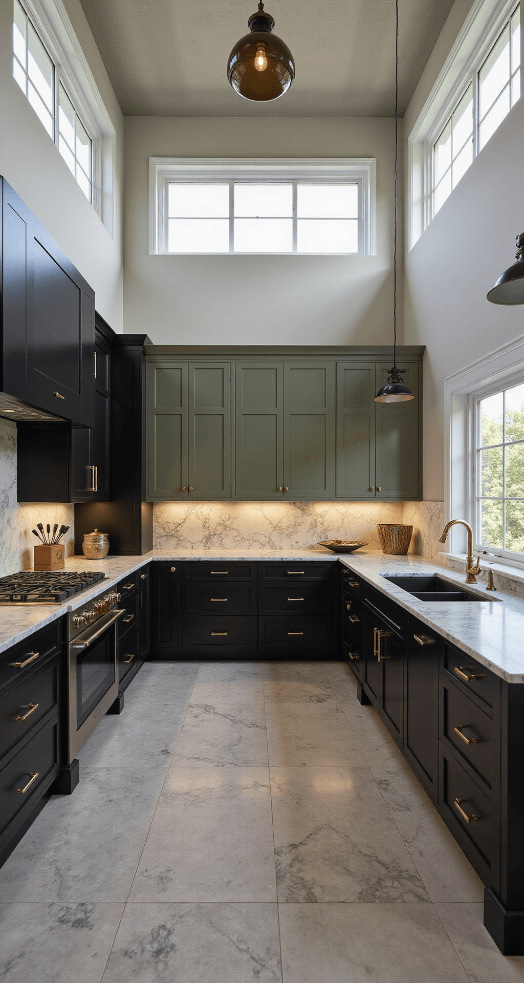 A contemporary kitchen featuring a double-height 16-foot ceiling with clerestory windows, contrasting black lower cabinets and olive green upper cabinets, a striking marble backsplash, mixed metals accents, and statement smoky glass light fixtures, all illuminated by natural light and accent lighting, captured from an overhead angle.