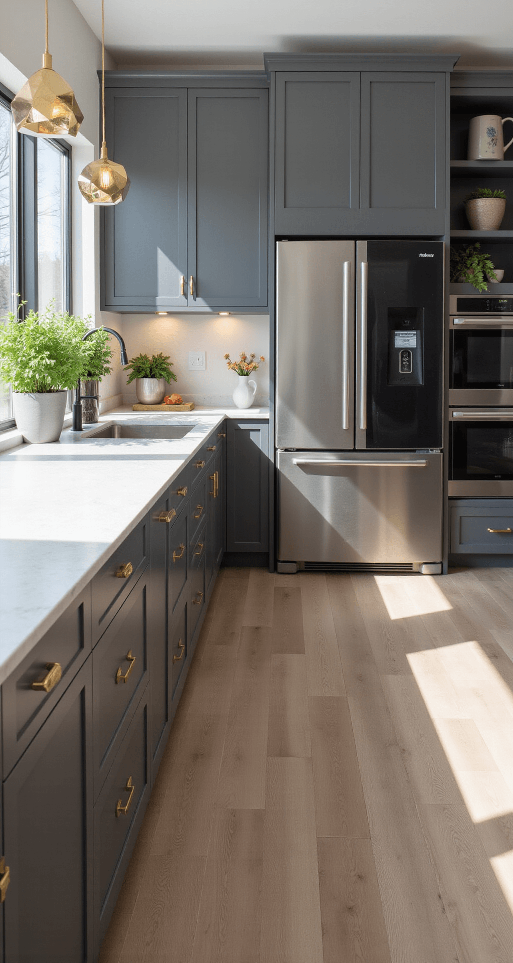 A spacious contemporary kitchen featuring a quartz waterfall island, sleek black smart refrigerator, matte graphite cabinets, and brass pendant lights, all illuminated by morning sunlight through floor-to-ceiling windows, with natural white oak flooring and fresh herbs in modern planters.