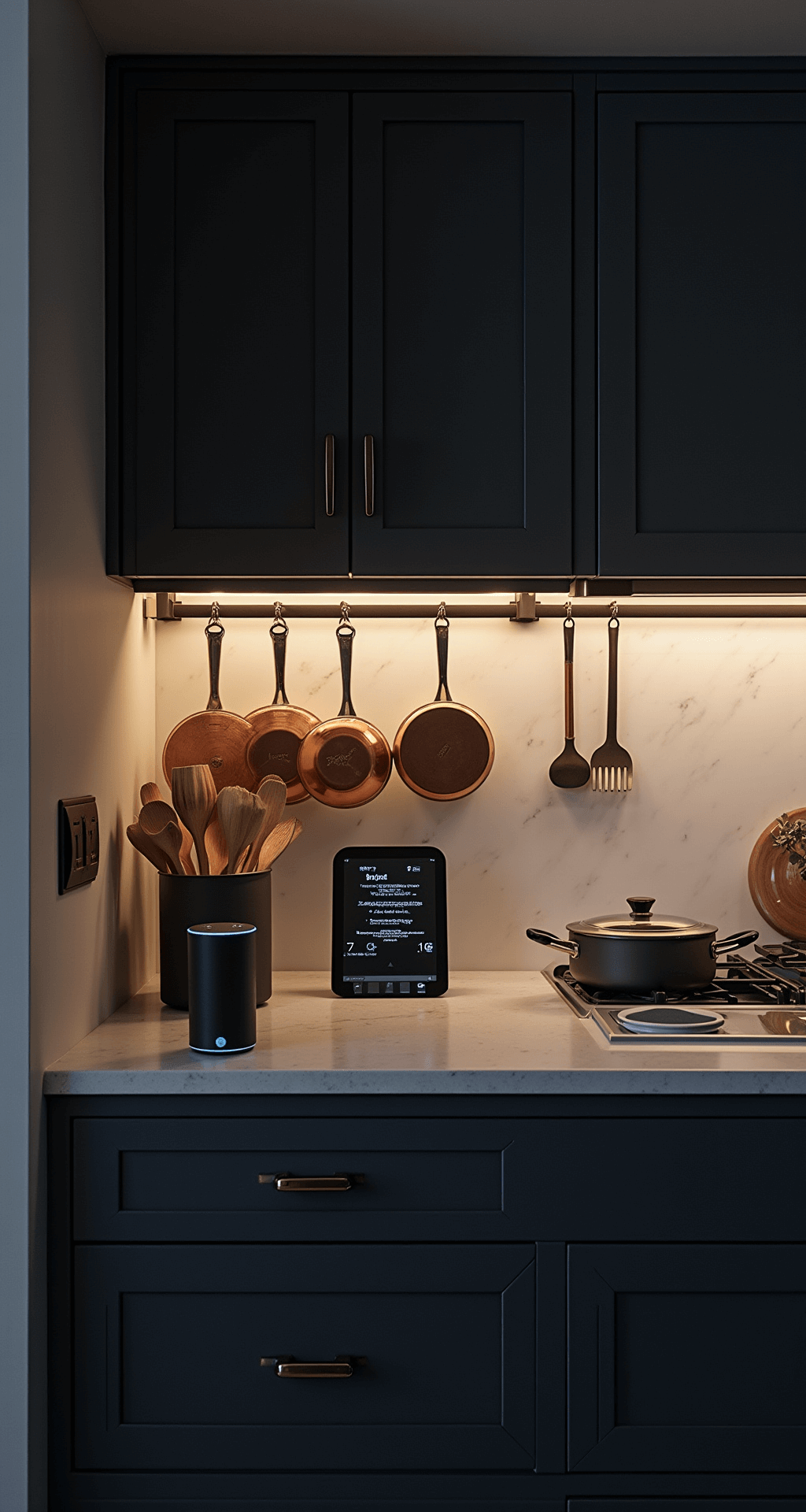 Intimate evening view of a smart kitchen hub featuring a voice-activated cooking station, under-cabinet LED lighting illuminating a marble backsplash, a glowing smart display with recipe instructions, copper cookware hanging from a ceiling rack, deep navy cabinets with integrated smart handles, textured concrete countertops, and a centrally placed Alexa device amidst cooking essentials, all captured from counter height in low-key lighting.