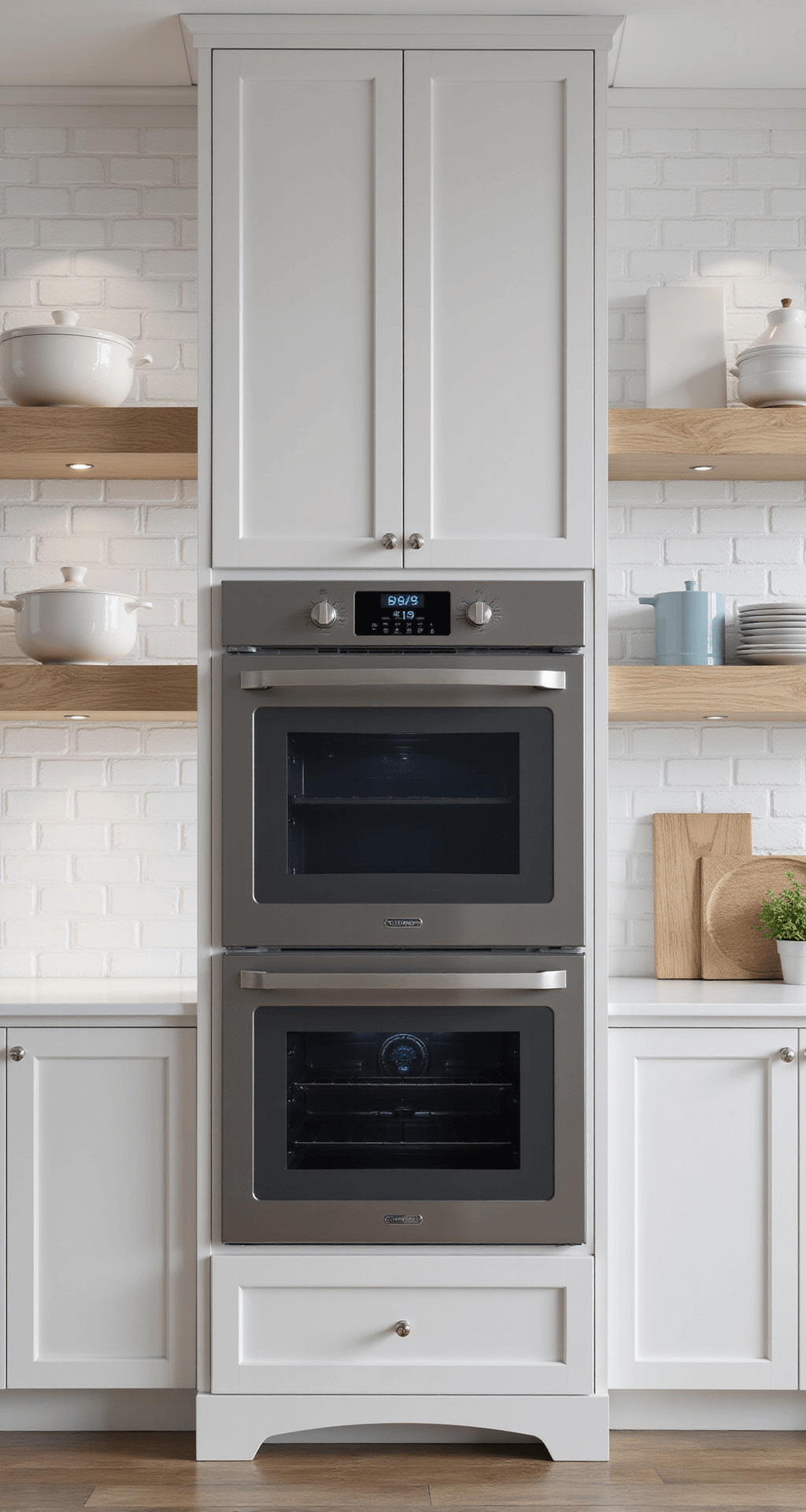 A high-angle view of a minimalist 10x12ft smart oven alcove featuring WiFi-enabled double ovens in metallic carbon finish, white subway tile backdrop with dark grout, and glowing smart control panel. Bleached oak floating shelves display ceramic cookware, and a touch-control integrated warming drawer is visible, all under structured lighting that highlights modern functionality.