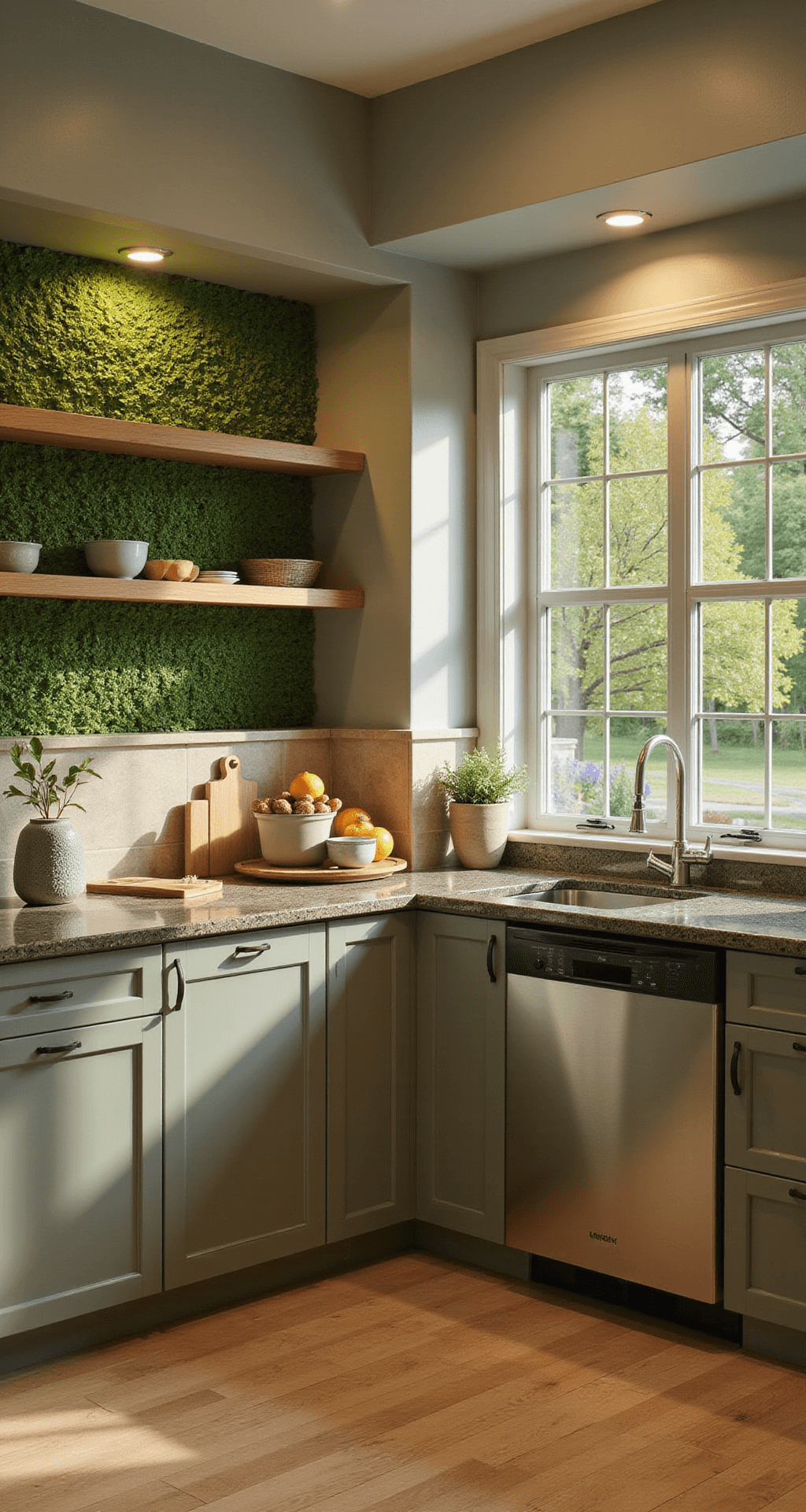 A corner-to-corner view of a 14x16ft energy-efficient kitchen featuring champagne finish ENERGY STAR certified appliances, sage green cabinetry with a hidden smart dishwasher, sparkling recycled glass countertops, a living wall with an irrigation system, and bamboo flooring, all illuminated by warm golden hour lighting.