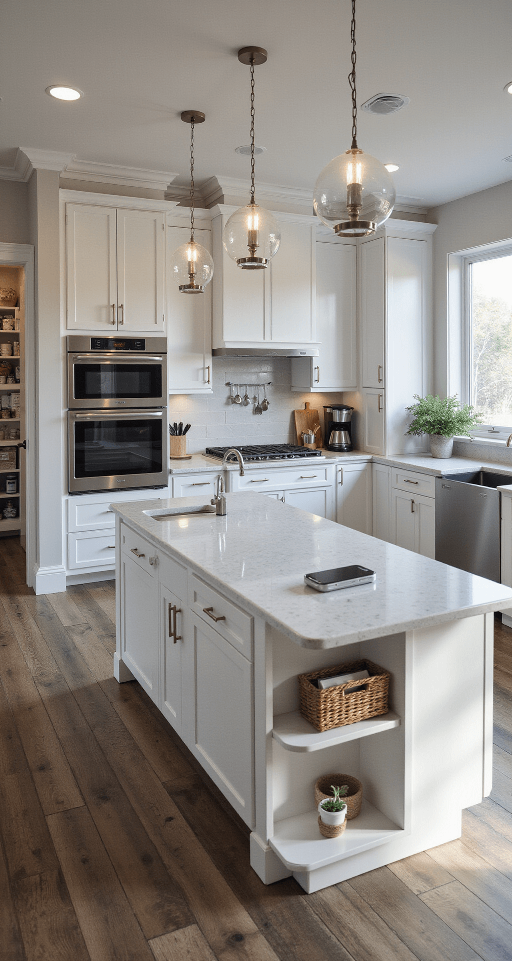 Overhead view of a modern kitchen command center featuring smart appliances, a central island with charging stations, touch-open pearl white cabinets, a brushed nickel coffee station, and an organized pantry with glass doors and an automatic inventory system.