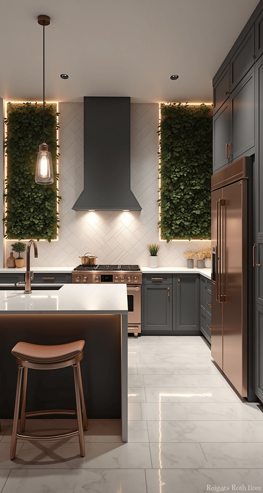 An eye-level view of a modern 13x15ft kitchen featuring rose gold smart appliances, a softly glowing waterfall quartz island with smart controls, a vertical garden wall, pearl white herringbone tile backsplash, and vintage-inspired pendant lights, all illuminated by twilight blue hour lighting.