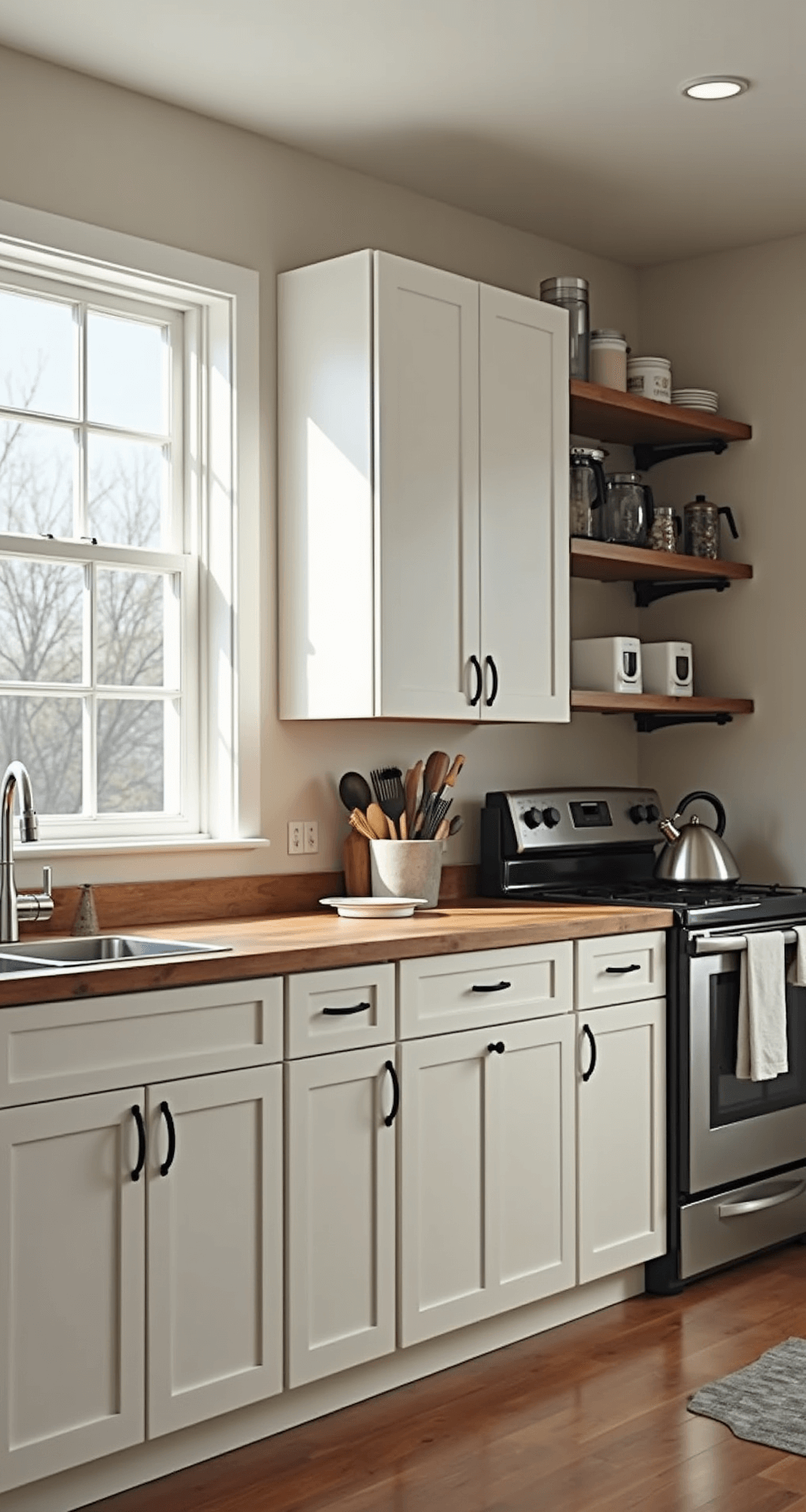 Wide-angle view of a budget-friendly smart kitchen featuring white shaker cabinets, retrofitted smart handles, and efficient arrangements of smart plug-enabled appliances, bathed in natural morning light. The space includes a central smart speaker hub, butcher block countertops, and floating shelves displaying connected small appliances.