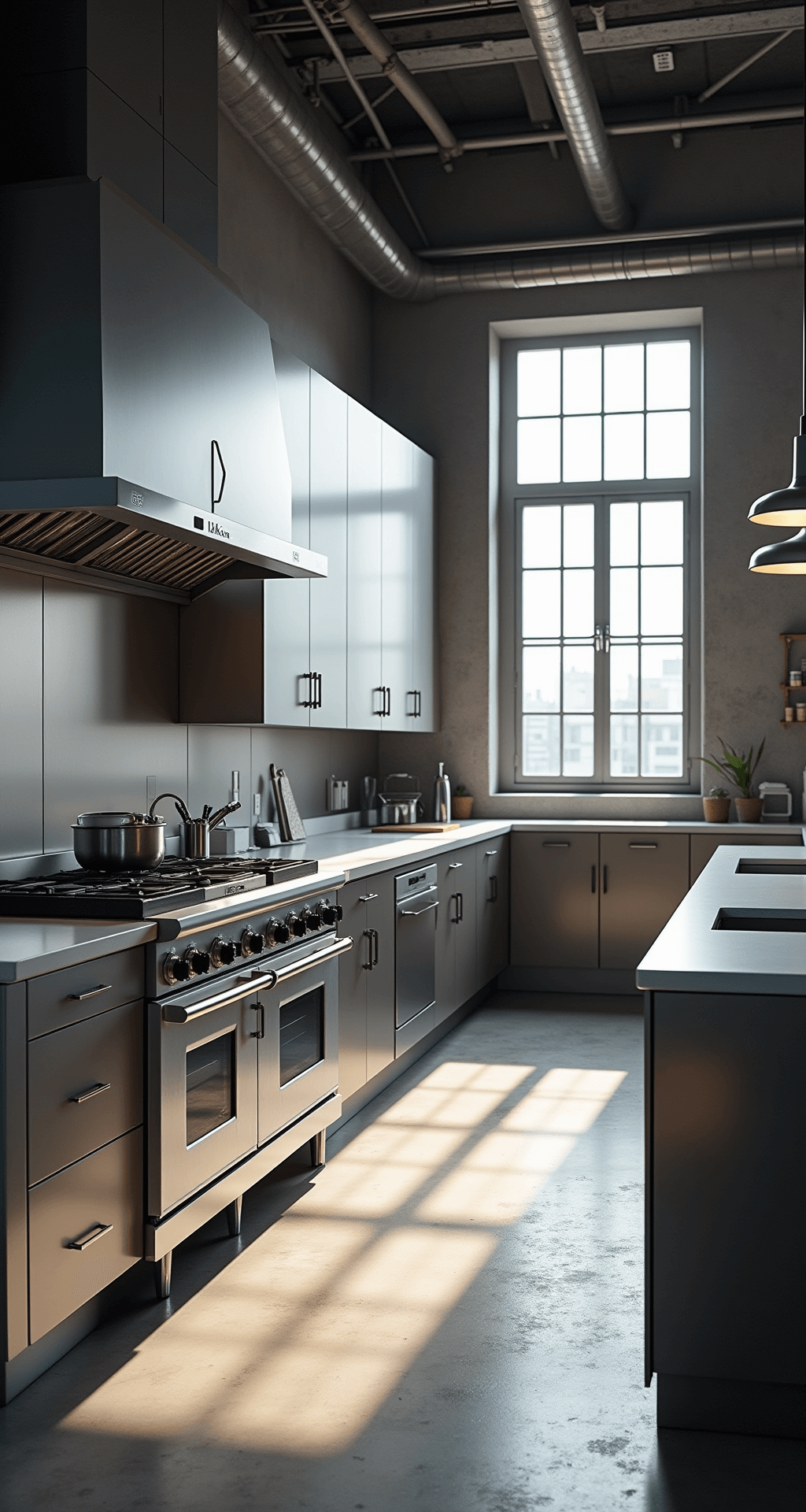 Interior view of a modern professional kitchen with stainless steel cabinets, an island featuring a waterfall countertop, and chrome commercial appliances, all illuminated by early morning sunlight through industrial windows.