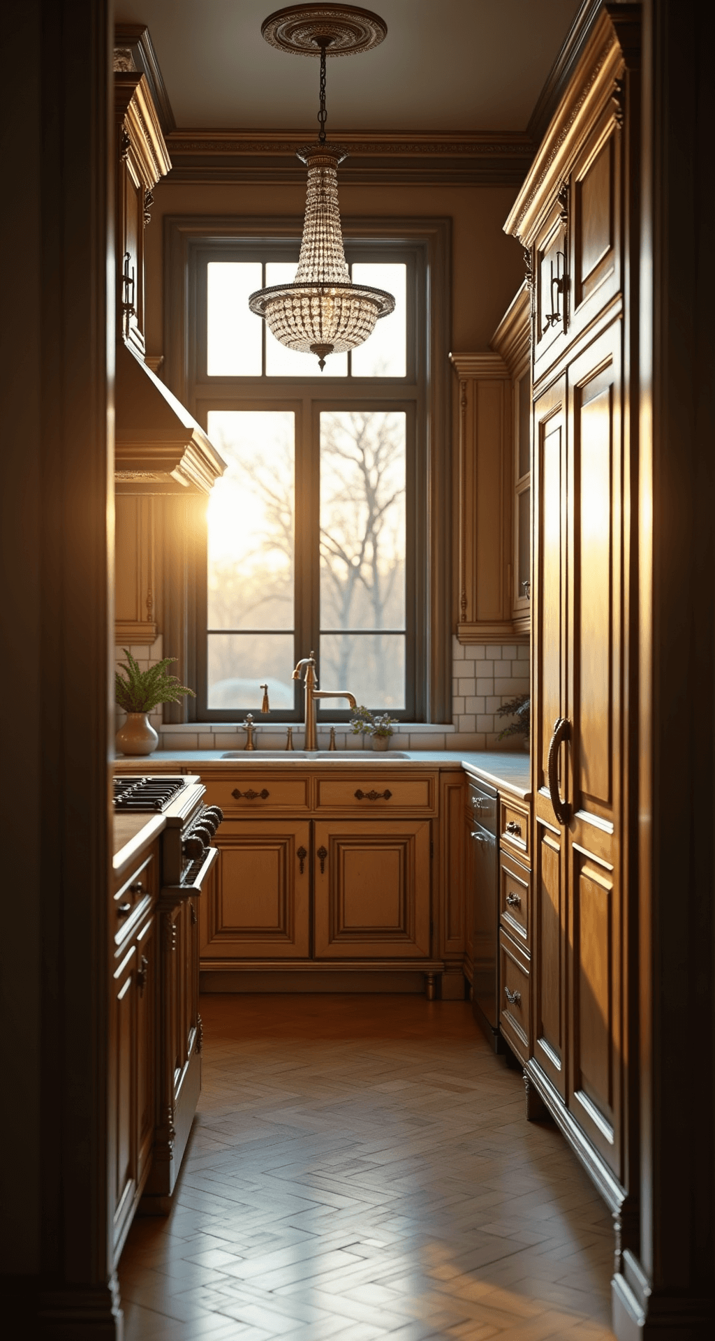Intimate kitchen showcasing restored Victorian elements, featuring floor-to-ceiling brass cabinets with aged patina, marble countertops, and a vintage crystal chandelier, all illuminated by golden hour light filtering through ornate windows. The herringbone hardwood floors add warmth to the scene, with reflections in the cabinets highlighting the kitchen's architectural details and metallic accents.