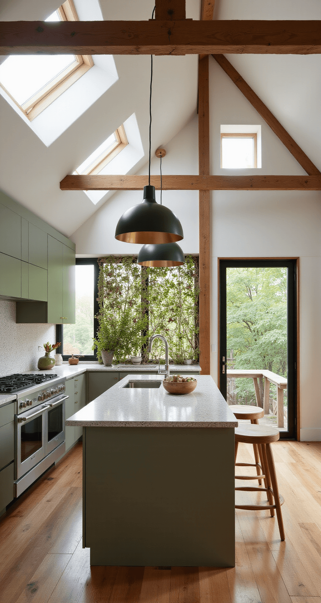 A modern eco-conscious kitchen featuring recycled plastic cabinets in matte sage green, a paper composite terrazzo island, and a living wall, bathed in diffused afternoon light from skylights, all set against bamboo flooring and hemp pendant lights in an earthy color palette. Shot from above at a 45-degree angle to emphasize sustainable materials and organic textures.