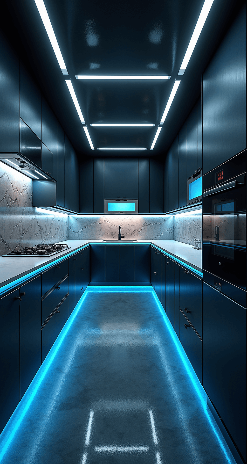 Futuristic kitchen featuring floating ceiling elements, LED accent lighting, carbon fiber and PET cabinets, smart appliances, and metallic epoxy floors in a deep black, glossy white, and electric blue color palette, emphasizing geometric patterns and a sci-fi atmosphere.