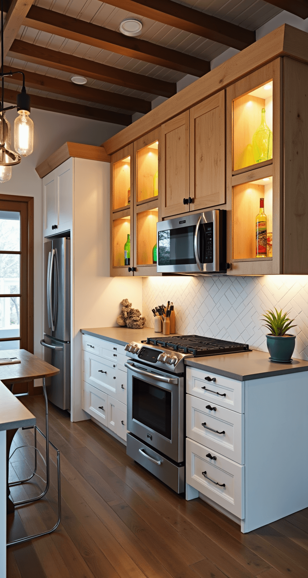 A contemporary kitchen featuring industrial accents, showcasing mixed material cabinets with stained glass inserts that glow from within, contrasted by exposed plywood edges and high-gloss white surfaces. The scene includes concrete countertops and an Edison bulb chandelier, with a warm color palette enhanced by jewel tones from the glass. A low angle shot highlights the cabinet lighting and the interplay of materials, emphasizing the artistic atmosphere and craftsmanship.