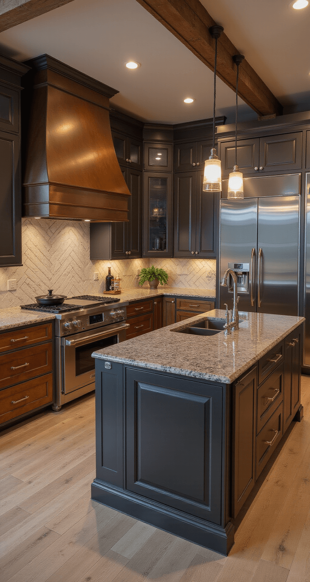 Luxurious chef's kitchen featuring double-height ceilings, dramatic evening lighting, mixed metal cabinets in copper and steel, an oversized leather-finish granite island, herringbone tile backsplash, and a sophisticated color palette of rich metallics, deep charcoal, and cream accents, captured from an elevated position.