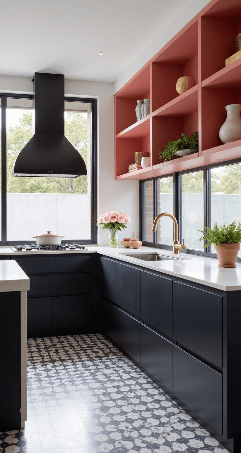 A modern kitchen featuring lacquered coral pink cabinet interiors and matte black exteriors, illuminated by mid-morning light through floor-to-ceiling windows. The geometric tile floor and sculptural range hood enhance the artistic atmosphere, with floating open shelves and brass accents complementing the bold color palette. Shot from the corner to emphasize the contrast between interior and exterior cabinet colors.