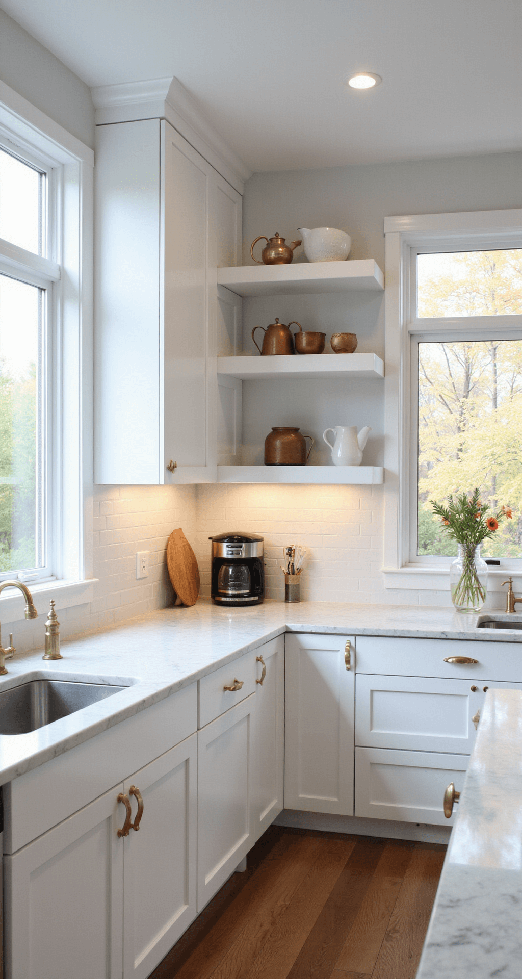 A bright modern kitchen featuring white shaker-style cabinets, brass hardware, marble countertops, and a cozy coffee station, with large windows letting in natural morning light.