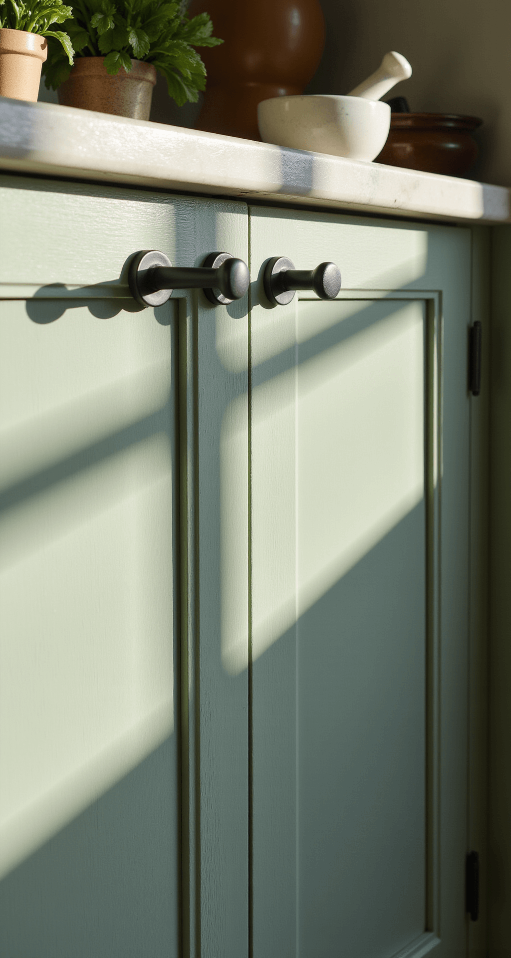 Close-up of matte black cabinet pulls on sage green cabinets, illuminated by late afternoon sunlight, highlighting the contrast between modern hardware and textured wood surfaces, with potted herbs and a marble mortar and pestle in the scene.