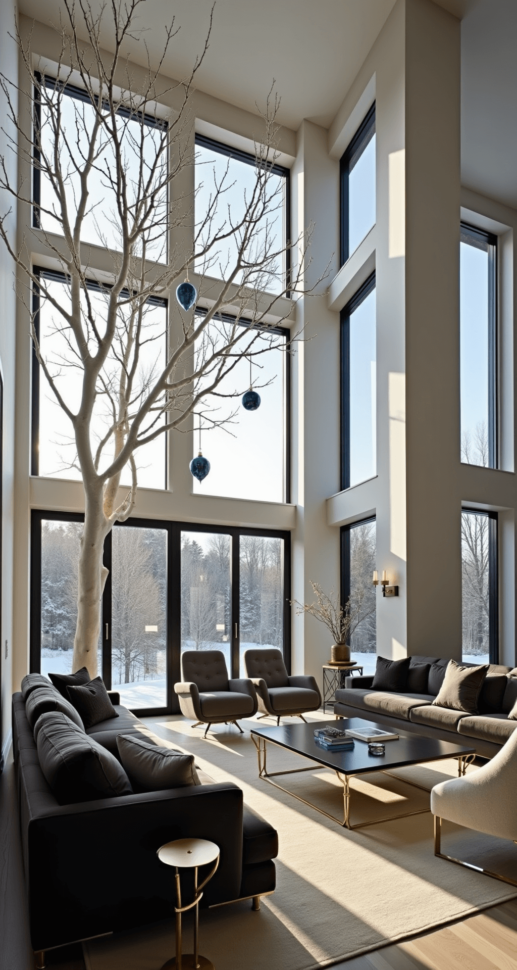 A contemporary great room at dawn features a dramatic slim tree with oversized jewel-toned ornaments against white branches, floor-to-ceiling windows displaying a snowy landscape, and a modern charcoal velvet sectional with brass accent tables, all captured from a low angle to emphasize the soaring ceiling.