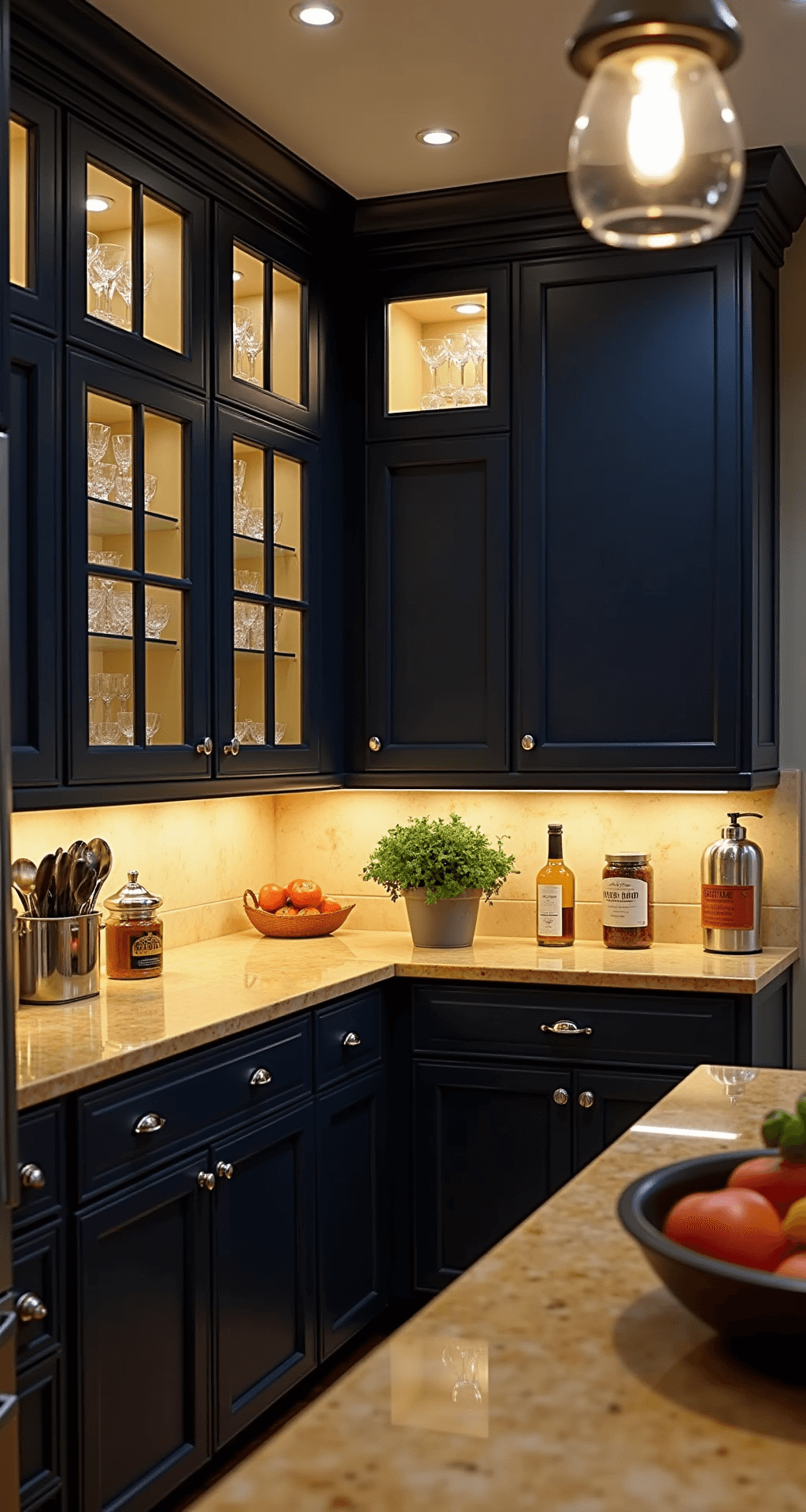 A warm, moody evening kitchen featuring dark navy cabinets and glowing under-cabinet LED lighting, highlighting Calacatta gold countertops and glass-front upper cabinets with crystal stemware. Polished nickel hardware and arranged cooking implements enhance the inviting atmosphere.