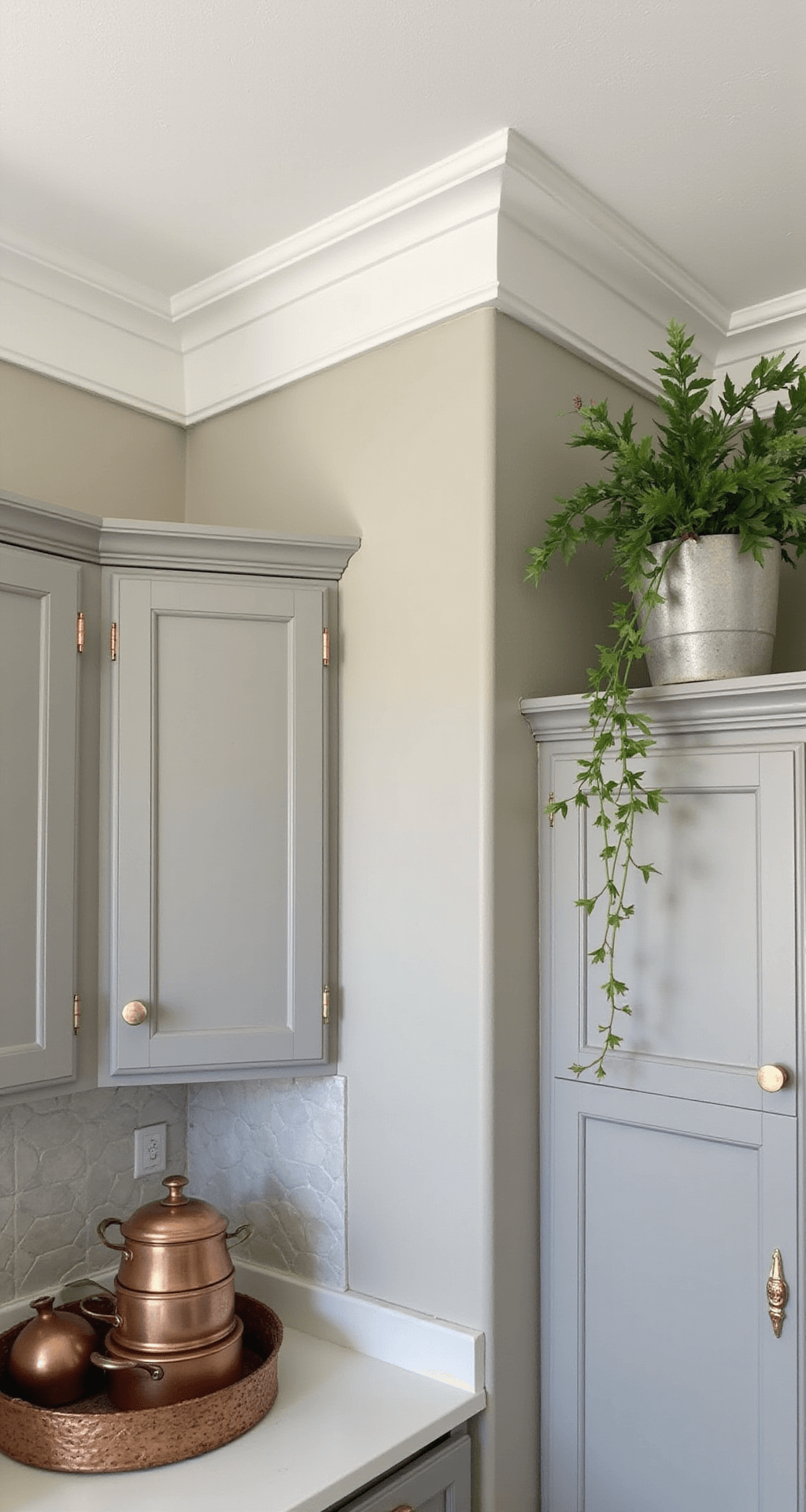 Architectural detail shot of crown molding transitioning from white cabinets to ceiling, illuminated by afternoon light; features soft greige cabinets and showcases shadow lines and dimensional details, with trailing plants and vintage copper cookware enhancing the scene.
