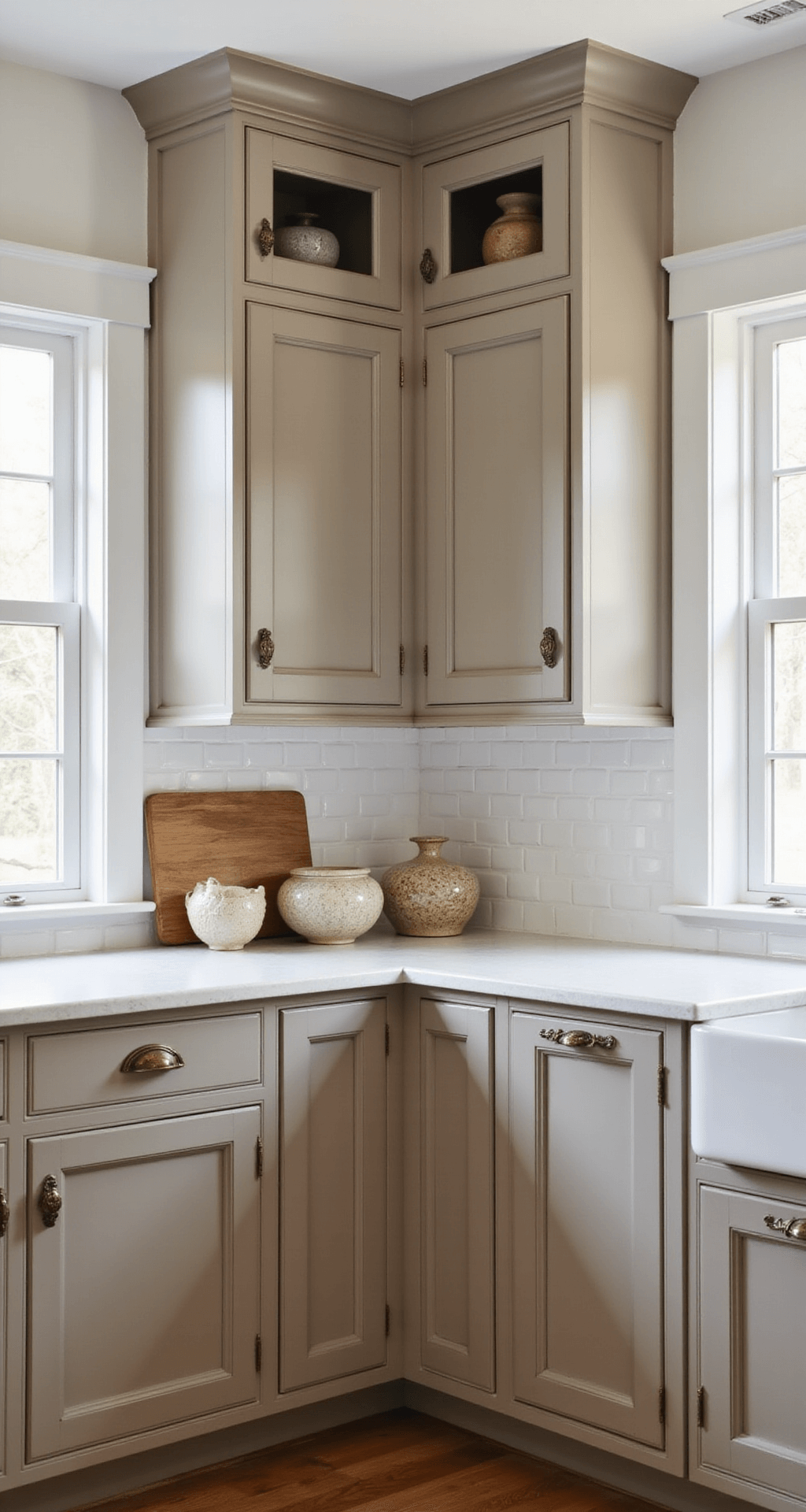 Transitional kitchen vignette showcasing a blend of traditional cabinet boxes with modern flat-panel doors in warm taupe, featuring antiqued brass hardware, artisanal cutting boards, and a vintage pottery collection.