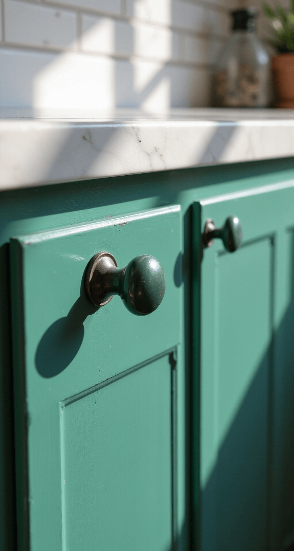 Close-up of vibrant emerald green cabinet with restored glass knobs, illuminated by morning light, showcasing a semi-gloss finish and subtle brush texture, against a white marble backsplash.