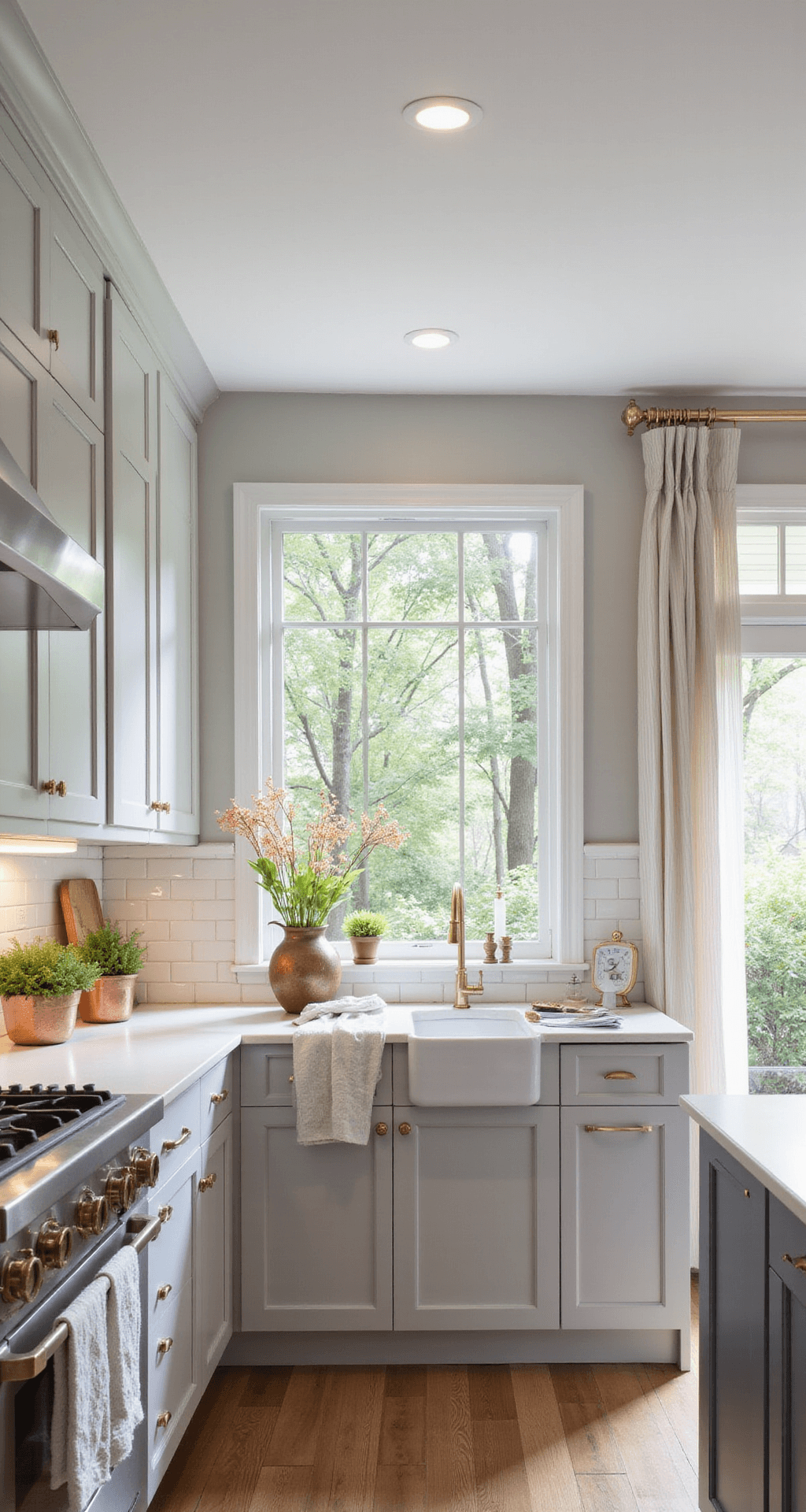 A well-designed kitchen featuring restored white lower cabinets and pale gray upper cabinets, with tall ceilings and elegant brass hardware. The room is illuminated by afternoon light filtering through sheer curtains, showcasing under-cabinet lighting and decorative elements like copper pots, fresh flowers, and ceramics, viewed from the doorway.