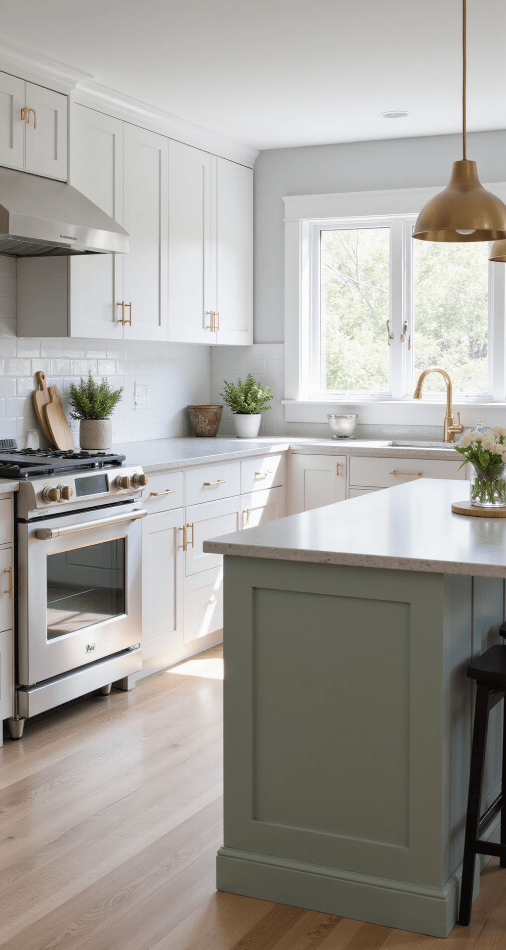 A bright kitchen featuring matte white skinny shaker cabinets, a sage green island with a waterfall quartz countertop, and wide plank white oak flooring, illuminated by morning light and pendant lighting.