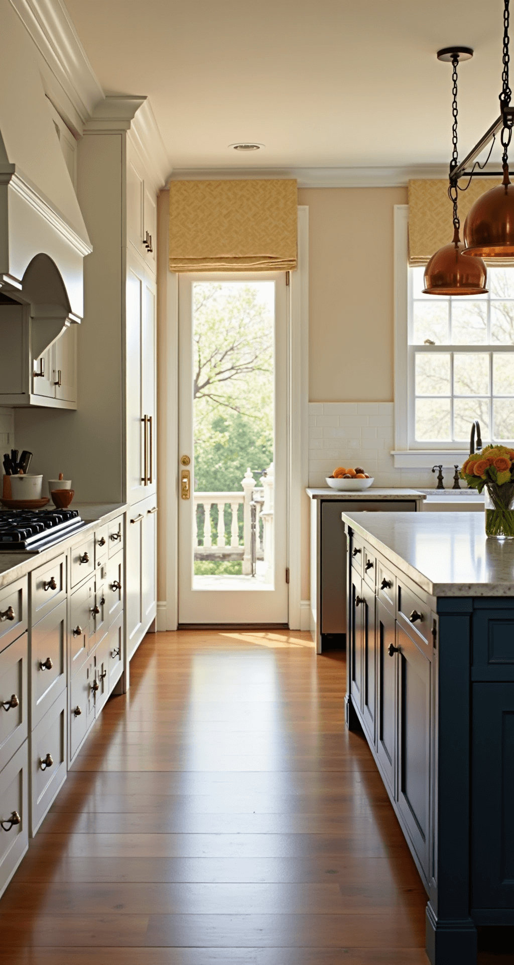 A spacious kitchen with white shaker cabinets, marble countertops, and a navy blue island, bathed in warm golden hour light with a ceiling rack of copper pots.