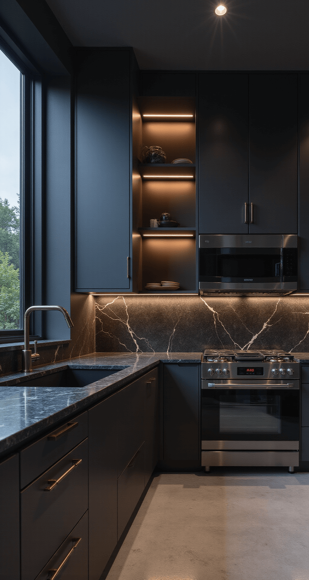 A contemporary kitchen featuring high-gloss graphite slab cabinets, dramatic black marble countertops, bronzed metal floating shelves, and ultra-modern gunmetal appliances, captured at twilight with ambient LED lighting and moody accents.