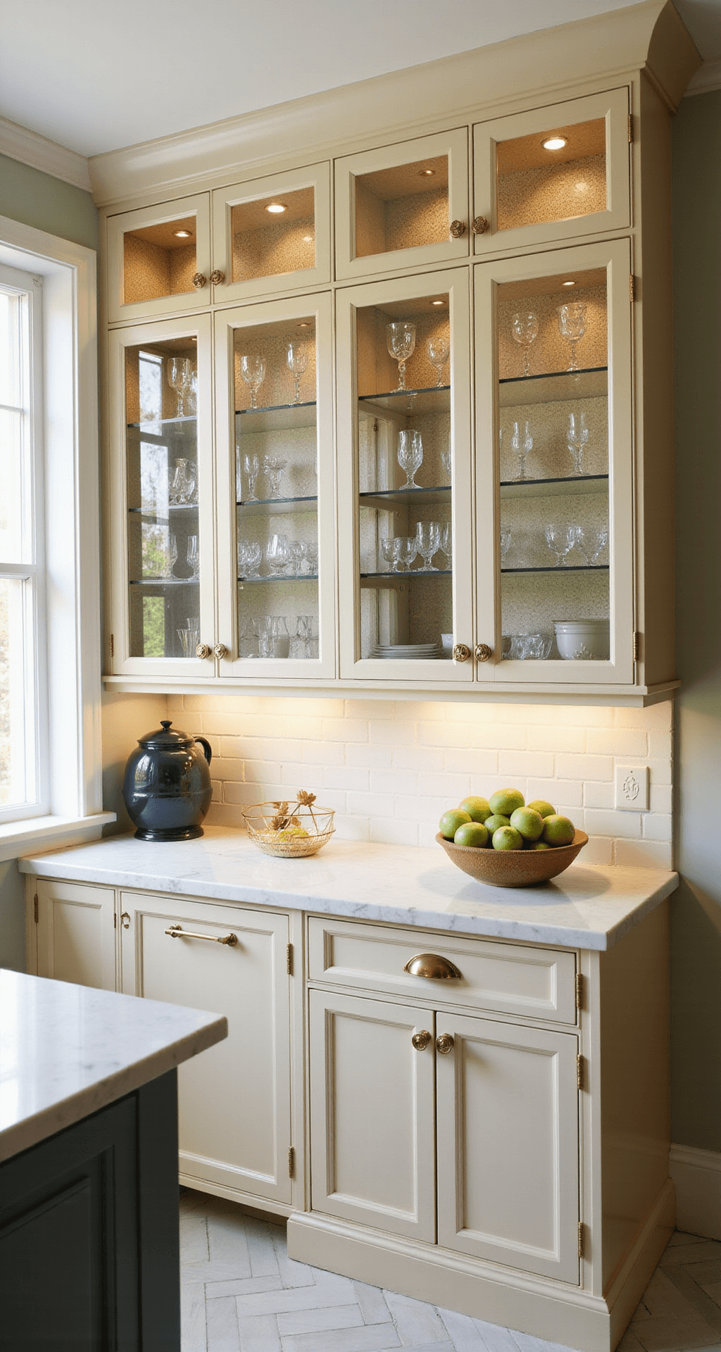 A sunlit luxury kitchen featuring cream-painted lower cabinets, upper cabinets with illuminated seeded glass fronts displaying vintage china and crystal, a herringbone marble floor, and white marble counters, captured from counter height to highlight the glass sparkle.