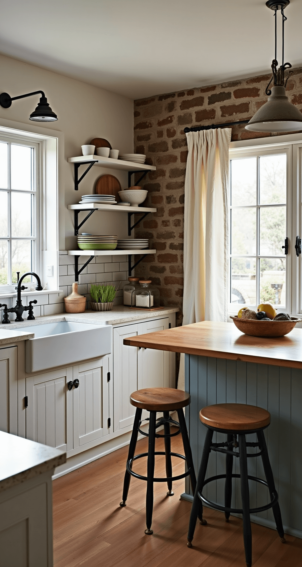 Cozy 13x15ft farmhouse kitchen featuring vertical chalk white shiplap cabinets with exposed black hardware, a butcher block island with vintage stools, open shelving displaying earthenware, a brick accent wall, and warm pendant lights, all illuminated by natural light through cafe curtains.