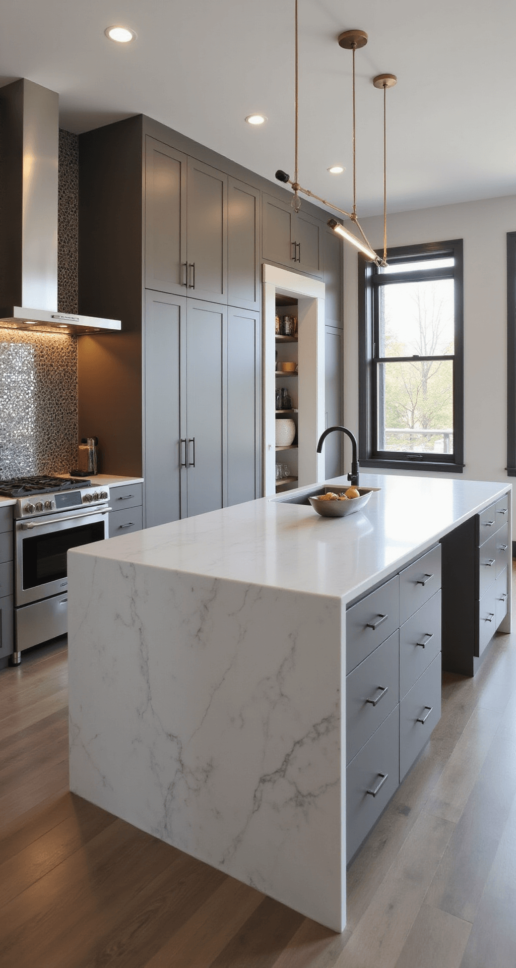 A sleek 16x18ft modern kitchen featuring floor-to-ceiling matte taupe full overlay cabinets, a bright white waterfall quartz island, linear pendant lights, and a metallic mosaic backsplash, captured from an elevated angle with evening lighting highlighting the geometric design and architectural LED strips.