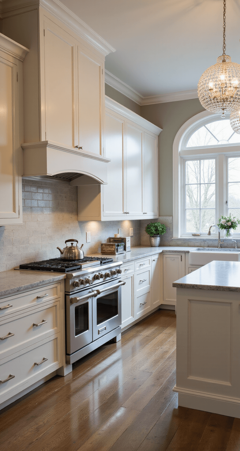 A spacious 18x20ft kitchen showcasing creamy white inset cabinet doors with raised panels, polished nickel hardware, and grey-veined marble countertops. A custom range hood and an arched window above a farmhouse sink are featured, along with a crystal chandelier over the island, all illuminated by late afternoon natural light and warm artificial lighting.