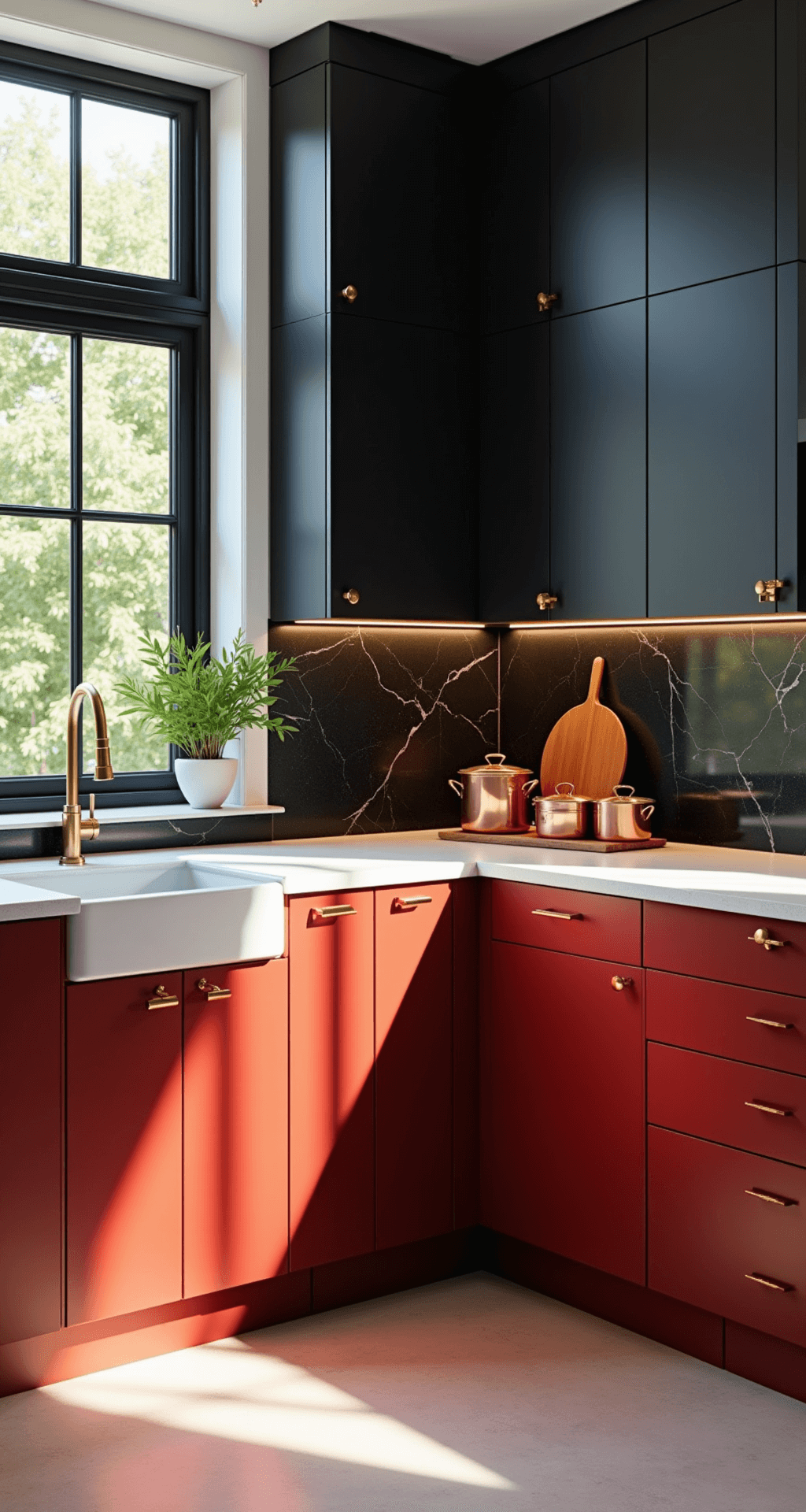 A stunning L-shaped kitchen featuring sleek black upper cabinets and vibrant red lower cabinets, illuminated by morning light through large windows, with white quartz countertops, a black marble backsplash, and accents of brass hardware, complemented by copper cookware and green plants.