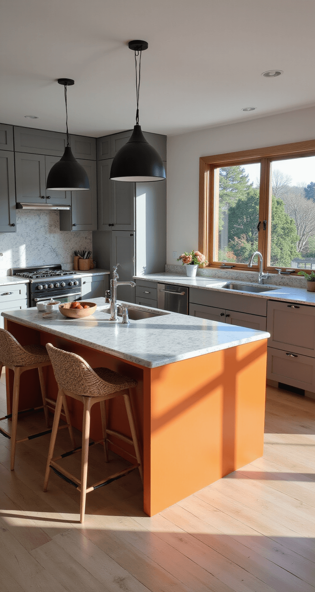 Contemporary open-concept kitchen with warm gray cabinets, a burnt orange island, and white oak flooring, featuring matte finish cabinets, gray marble countertops, chrome fixtures, and geometric accessories under pendant lights.