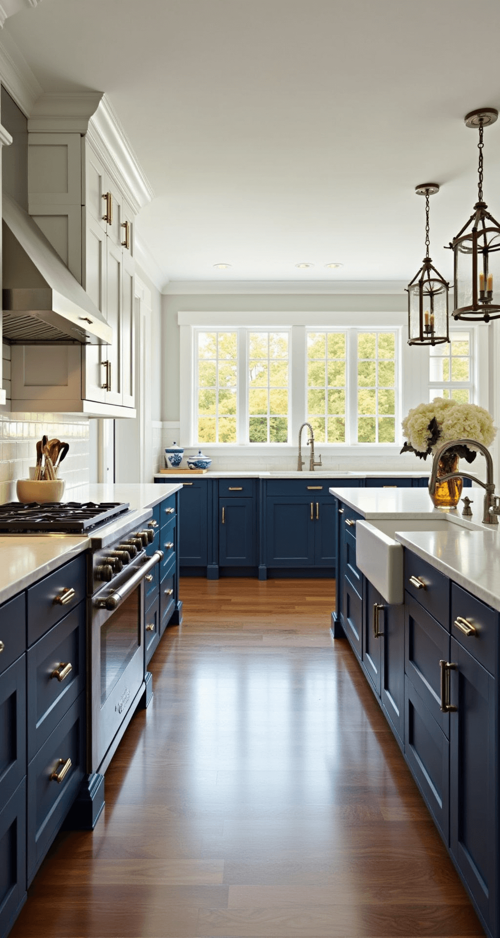 Classic Hamptons-style kitchen featuring navy blue shaker-style base cabinets, white upper cabinets, Carrara marble countertops, and a subway tile backsplash, illuminated by golden hour light streaming through mullioned windows, with polished nickel hardware and coastal decor accents.