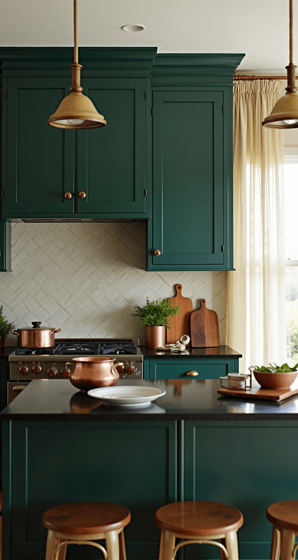 Moody kitchen featuring forest green flat-panel cabinets, unlacquered brass hardware, and honed black granite counters, styled with copper cookware and potted herbs, illuminated by soft afternoon light.