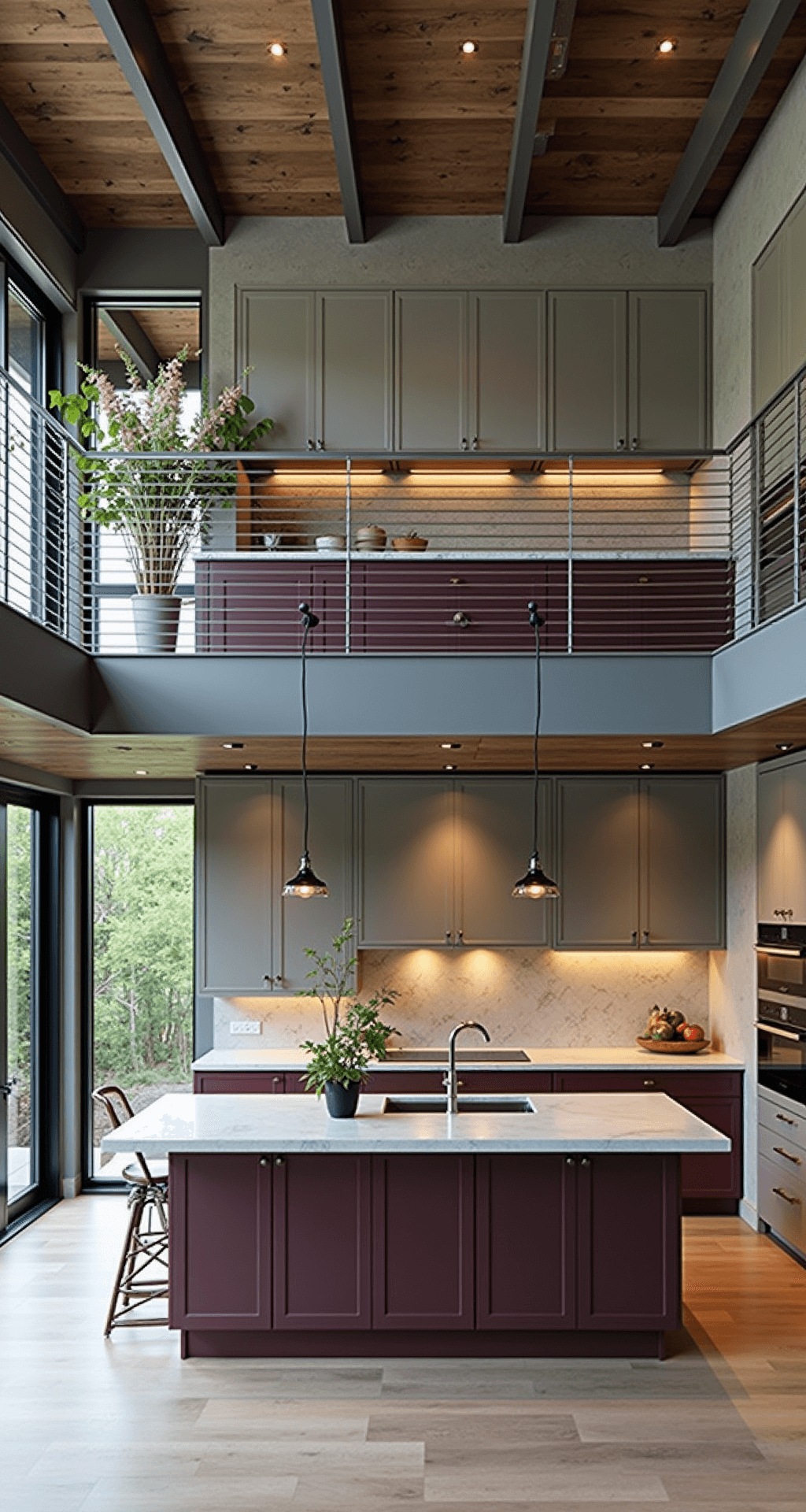 Split-level kitchen featuring deep aubergine base cabinets and dove gray upper cabinets, with a waterfall quartz island. The mezzanine camera angle highlights the 12-foot ceilings, directional spot lighting casting intentional shadows, and industrial metal and glass accents, softened by fresh floral arrangements.