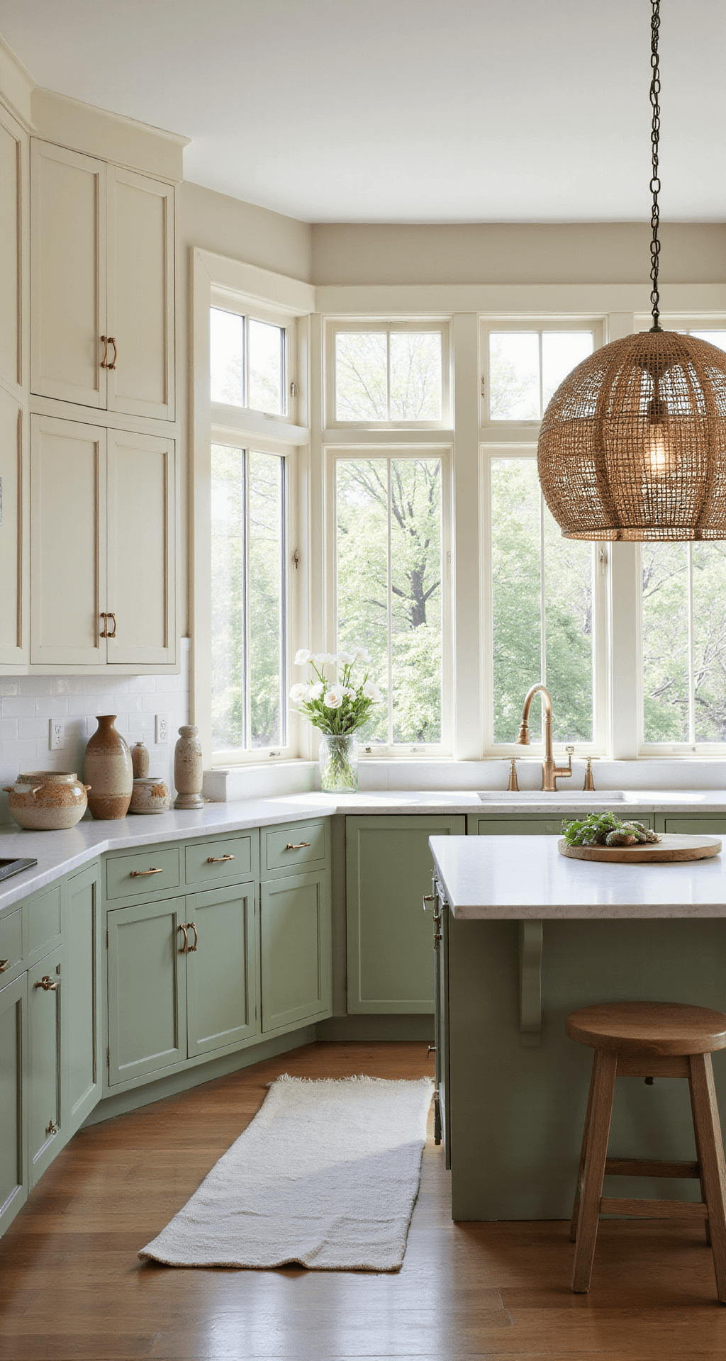 A sun-drenched kitchen featuring sage green lower cabinets and cream upper cabinets, with a rustic white oak island. Morning light streams through steel-framed windows, highlighting natural materials like woven pendants and ceramic vessels. The space includes brass accents and offers views of the garden.