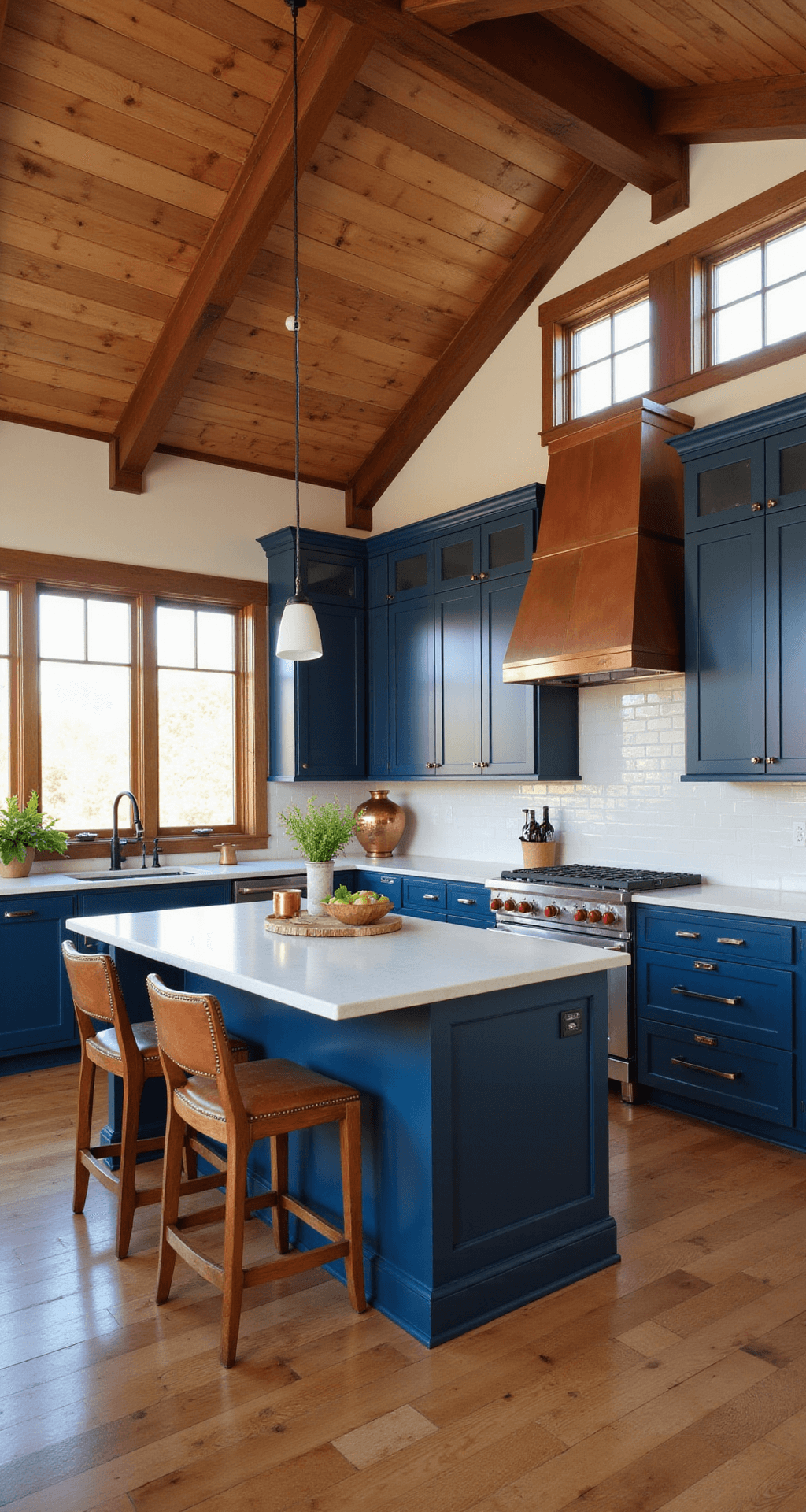 Modern craftsman kitchen featuring indigo blue perimeter cabinets, a warm walnut island, and a custom hood with copper detailing. The beamed 11-foot ceiling is illuminated by late afternoon light, creating a golden glow. The scene includes leather bar stools, hammered copper accessories, vintage pottery, and fresh greenery, with a wide angle emphasizing the architectural details and cabinet color saturation.