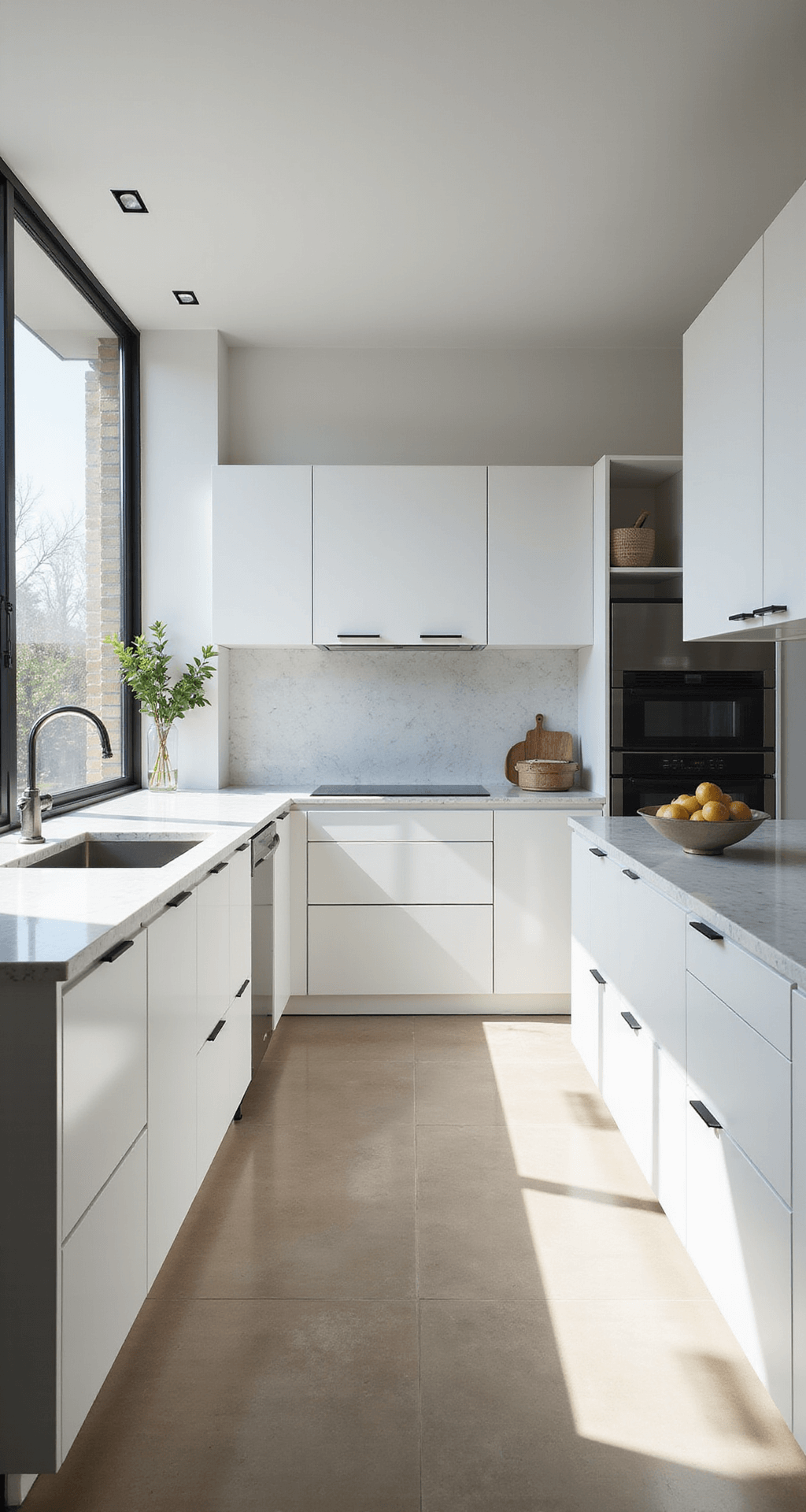 Modern minimalist kitchen with spacious layout, white cabinetry featuring matte black pulls, a marble-topped island, and abundant natural light from floor-to-ceiling windows.