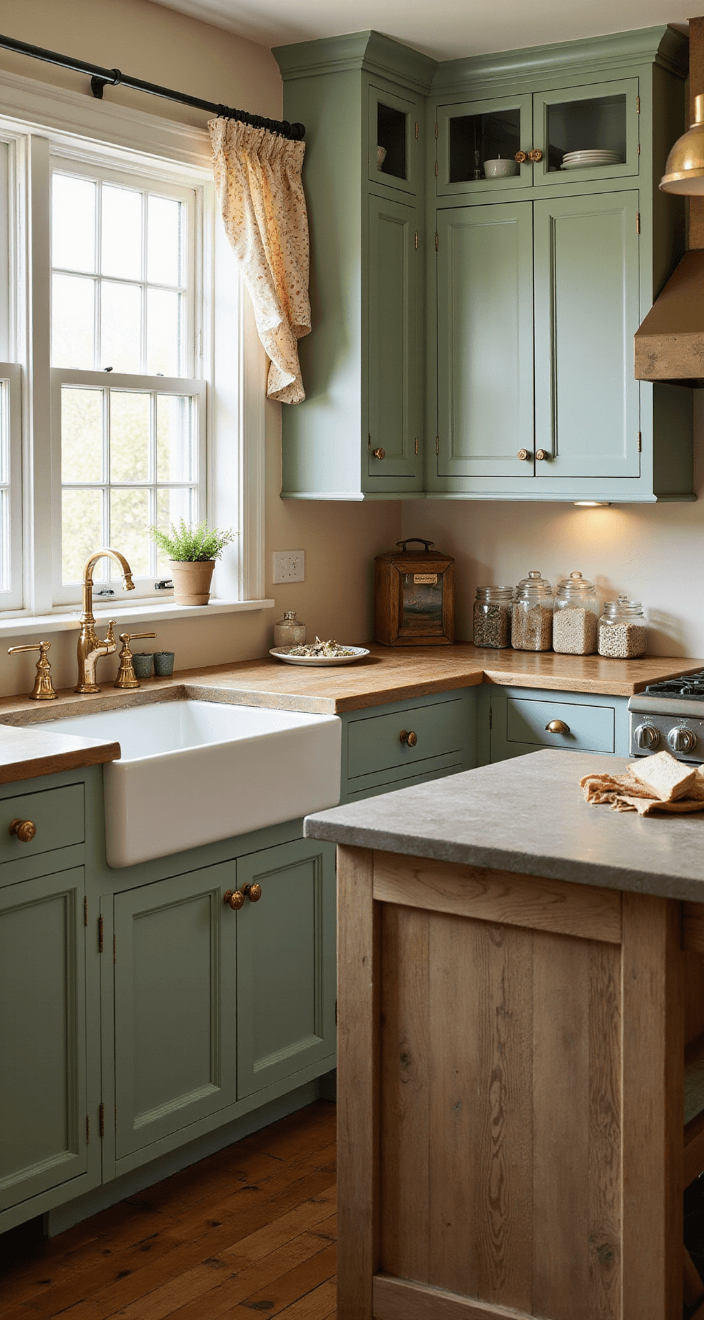 A cozy country kitchen bathed in late afternoon sunlight, showcasing shaker-style sage green cabinets, antique brass hardware, and a vintage farm sink. A reclaimed wood island takes center stage, surrounded by warm earthy tones and decorated with mason jar canisters and dried herbs.