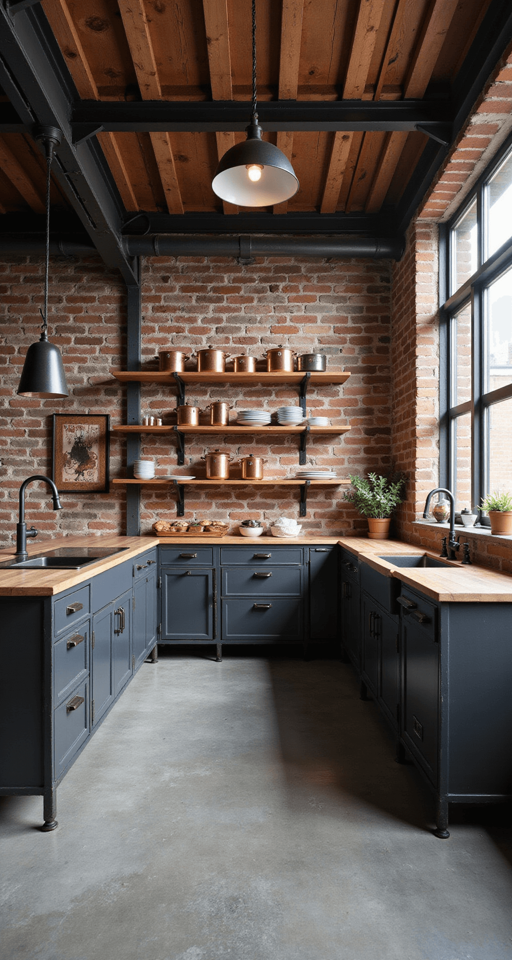 Aerial view of an industrial chic loft kitchen featuring exposed brick walls, steel beams, and black metal-framed cabinets with gunmetal pulls. The polished concrete floor reflects light from industrial pendant lights as geometric layouts define the space. Open shelving displays copper cookware against a color palette of charcoal, rust, silver, and warm woods.