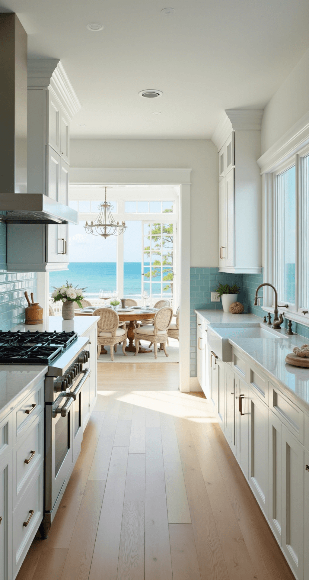 A bright and airy coastal kitchen featuring white shaker cabinets with brushed nickel bar pulls, a pale blue glass tile backsplash, and ocean views, accented with white coral and beach glass decor, all bathed in natural light.