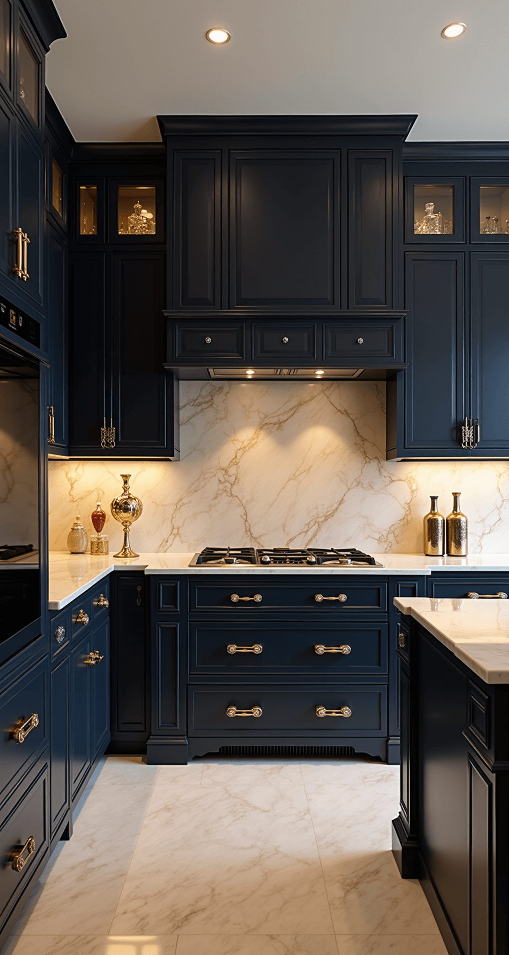 A sophisticated Art Deco kitchen featuring dark navy cabinets with geometric brass handles and crystal insets, a dramatic marble backsplash with gold veining, and evening lighting that highlights the symmetrical design. The color palette includes navy, gold, cream, and black, complemented by vintage decanters and metallic accessories.