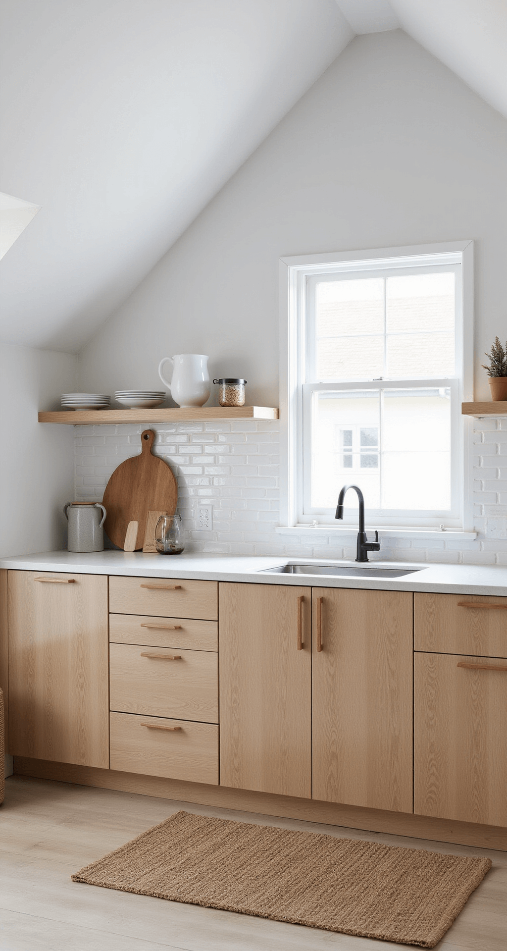 Bright Scandinavian kitchen featuring a pitched white ceiling, blonde wood cabinets with integrated pulls, and a white brick backsplash. High angle shot highlighting spatial flow and natural light, with a color palette of pale oak, white, gray, and black accents, complemented by minimal styling of wooden boards and white ceramics.