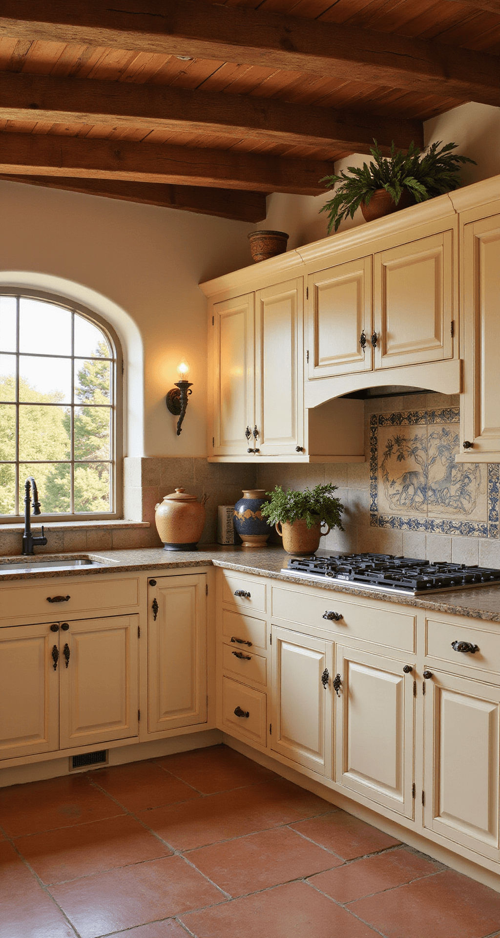 Warm Mediterranean villa kitchen featuring terracotta floors, cream-colored cabinets with bronze hardware, and a handpainted tile backsplash. The scene captures rustic ceiling beams and golden hour light filtering through arched windows, styled with olive branches and ceramic pottery.