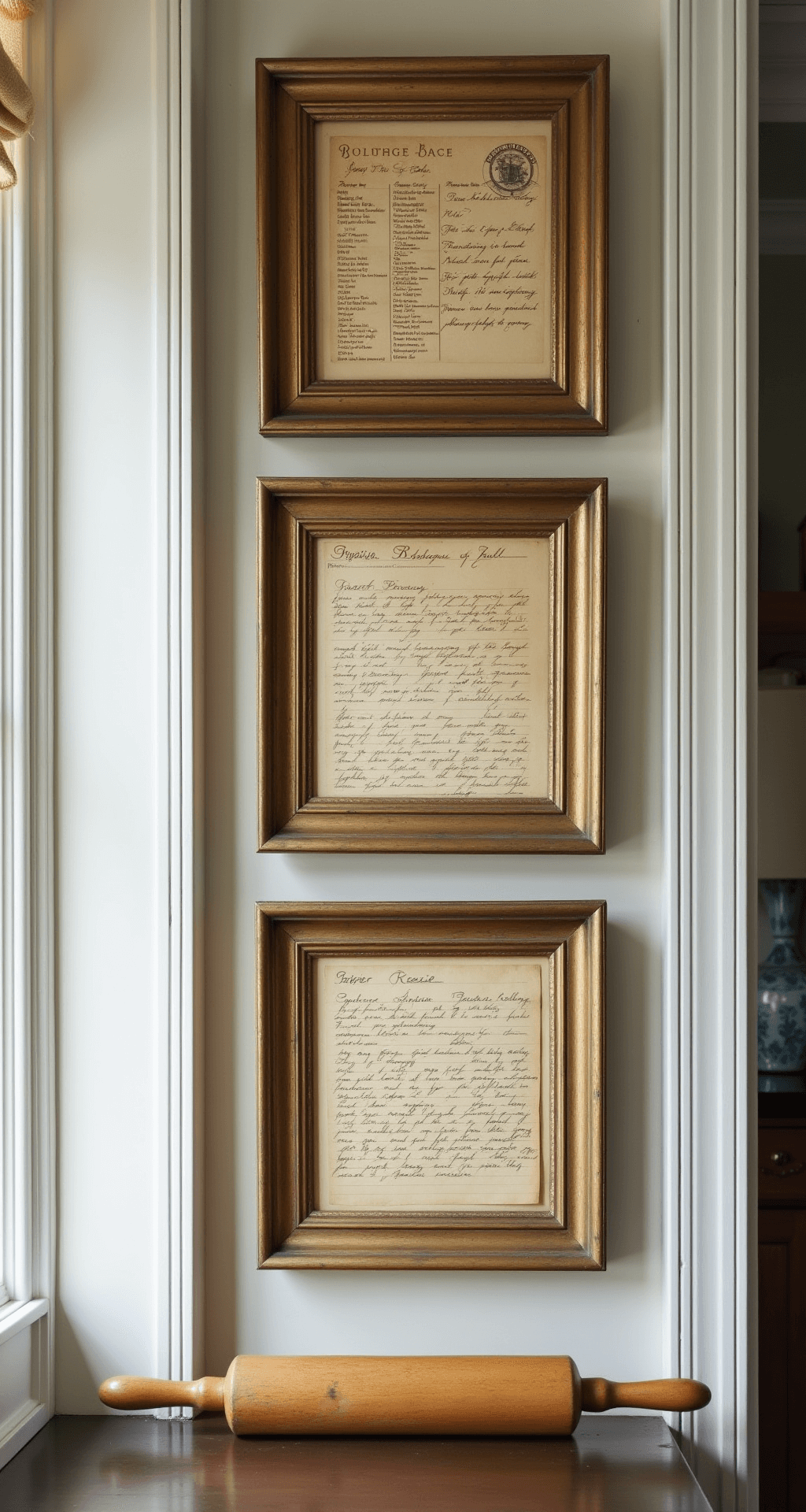 10 Stunning DIY Wall Art Projects to Revolutionize Your Kitchen Decor Intimate vignette of a traditional kitchen accent wall showcasing three generations of handwritten family recipes in antiqued gold frames, illuminated by mid-morning light, with a vintage rolling pin below, highlighting the textures of aged paper and cream cardstock.