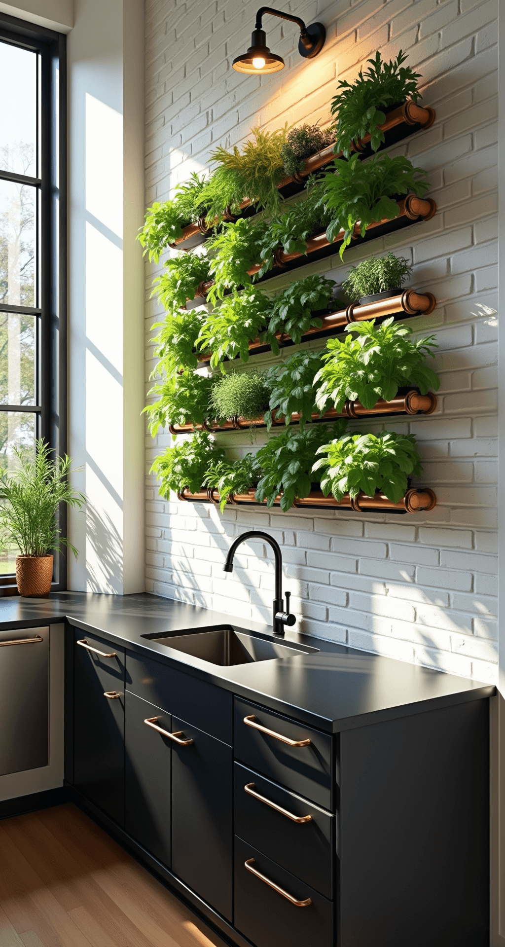 Create a Stunning Kitchen Herb Wall: Your Ultimate Guide to Vertical Gardening A modern kitchen with a floor-to-ceiling herb wall of basil, mint, and rosemary in copper pipes, large windows casting sunlight onto matte black countertops, and industrial pendant lights illuminating stainless steel appliances, shot from a low angle to emphasize the soaring ceiling.