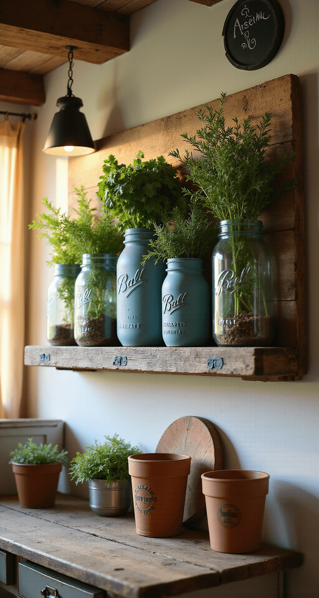 Create a Stunning Kitchen Herb Wall: Your Ultimate Guide to Vertical Gardening Cozy farmhouse kitchen with exposed wooden beams, featuring a rustic mason jar herb garden on weathered barn wood, illuminated by golden hour light filtering through café curtains, highlighting vintage mason jars and terracotta pots.