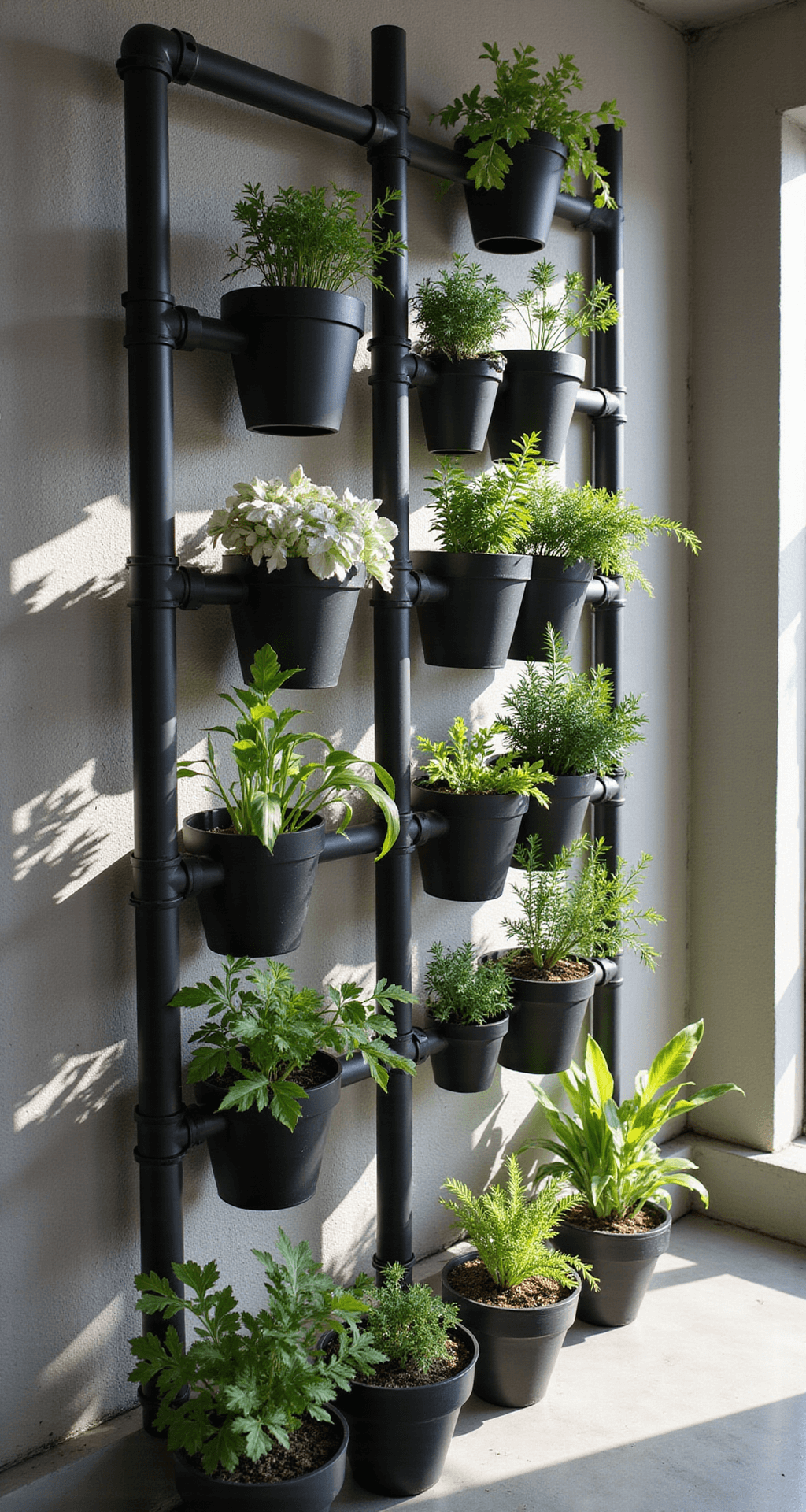 Create a Stunning Kitchen Herb Wall: Your Ultimate Guide to Vertical Gardening A contemporary minimalist kitchen features a sleek matte black PVC pipe vertical garden system against concrete walls, illuminated by afternoon light creating geometric shadows. White and silver herbs in dark containers enhance the design, captured from a diagonal corner view at a slight elevation to emphasize depth and systematic grid patterns.