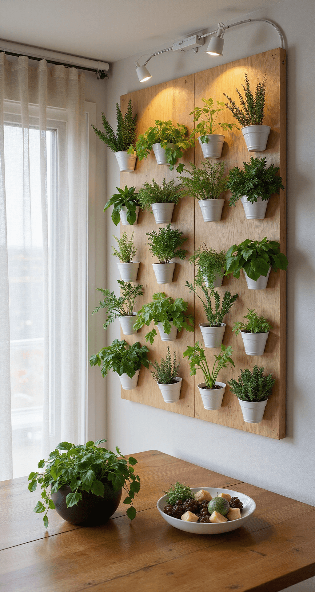 Create a Stunning Kitchen Herb Wall: Your Ultimate Guide to Vertical Gardening Scandinavian-inspired kitchen showcasing a 11'x13' space with a blonde wood plank vertical garden, natural herbs in white containers mounted on light oak panels, illuminated by morning light and warm LED spotlights; shot from a head-on view with slight elevation to emphasize the full wall installation and minimal décor.