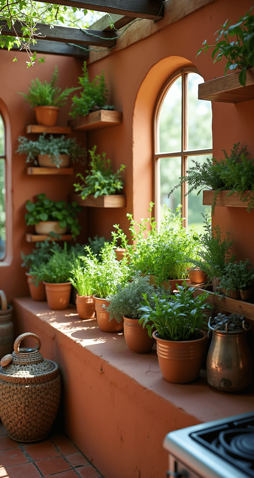Create a Stunning Kitchen Herb Wall: Your Ultimate Guide to Vertical Gardening A Mediterranean-style kitchen features terracotta walls with multi-tiered self-watering planters, illuminated by dappled afternoon sunlight filtering through pergola windows. A copper irrigation system displays thriving herbs, complemented by traditional pottery and woven baskets. The shot captures depth and texture with warm lighting emphasizing earthen tones from a three-quarter view.